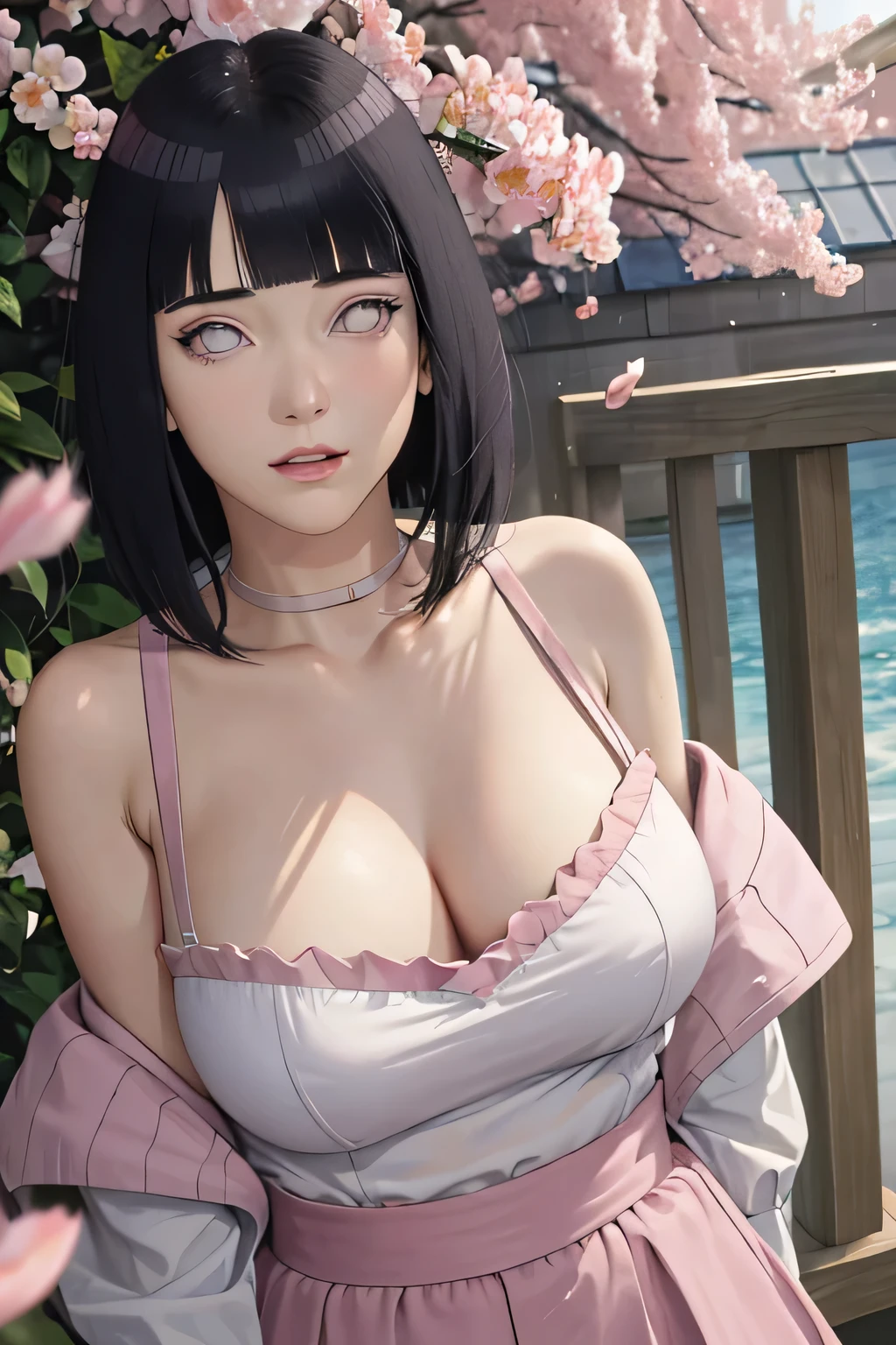 masterpiece, absurdres, hinata\(boruto\), 1girl, solo,mature female, off-shoulder strap bra, high waist short skirt, looking at viewer, (falling petals), perfect composition, detailed lips, big breast, beautiful face, body propotion, blush, (pink lips), long hair, purple eyes, soft gaze, super realistic, detailed, photoshoot, realistic face and body,