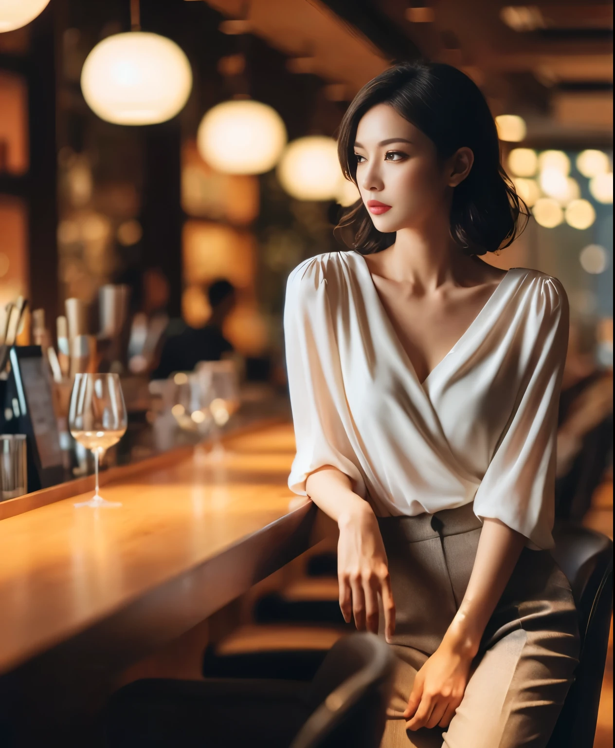 1 person, Attractive woman, A dignified woman, Night Bar, Counter chair, Blouse and high heels, Slender trousers, light makeup, Depth of written boundary, Skin Texture, Super Detail