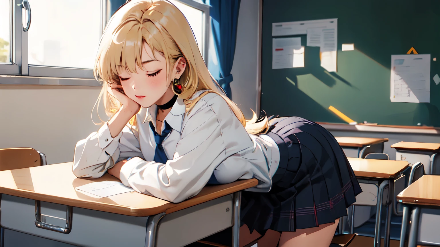 (masterpiece, highest quality, detailed), One girlがclassroomで寝ている, Eyes closed, alone, One girl, Blonde, Long Hair, Multicolored Hair, Red eyes, jewelry, Earrings, Earrings, White shirt, tie shirt, Black Choker, Blue tie, Checked skirt, indoor, classroom, School desk, window, School Chair, curtain, Natural fingers
