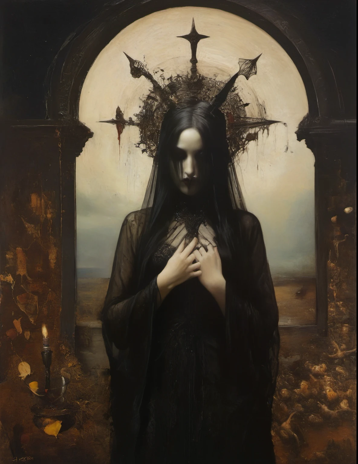 James Gurney, Surrealist art , dream-like, Mysterious, Provocative, symbolic, Complex, detailed,, (Gothic but very beautiful:1.4), (masterpiece, highest quality:1.4) , Nicola Samori Style, goddess