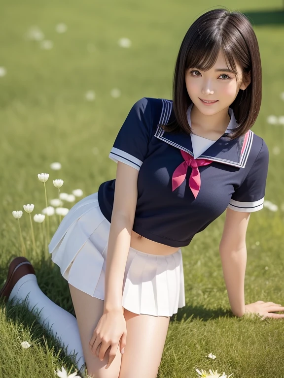 (highest quality:1.5)、(Realistic:1.5)、(1 person:1.5)、Very detailed、High resolution、8k、medium breasts、Natural color lips、Cute Smile、Japanese women、20-year-old girl、Beautiful and elegant face、Perfect and beautiful face、Balanced big eyes、Brunette eyes、Beautiful and elegant face、Natural double eyelids、Natural Bangs、Beautiful thin nose、Beautiful Skin、(Medium Bob Hair)、Natural Bangs、Perfect and beautiful face、Slim face and figure、Summer blue sky、Grass park on the mountain、Look at the viewers、School Sailor Uniform、White short-sleeved blouse shirt, navy pleated micro miniskirt,、Knee-high socks、Beautiful navel、Open the navel、臍が見えるSchool Sailor Uniformを着ている、High-angle composition、(Staring at the camera with a sweet smile)、Bright lighting、Professional Lighting、Forward lighting、Beautiful feet:1.2、Smooth Skin、Slim Body、Slim waistline、slim thin thighs、(Kneeling on the grass)、(A little angle from below)、Stand on one knee、A lawn with white clover blooming sparsely、Dandelions are blooming sparsely on the lawn、