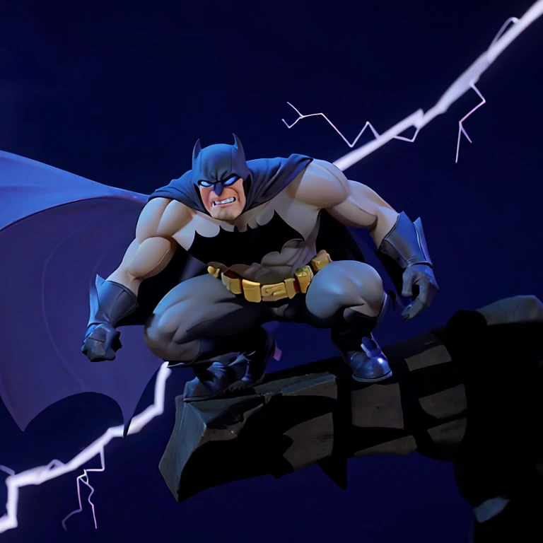 Create a Batman crouching at the foot of a gargoyle,con un rayo cayendo de fondo en la noche