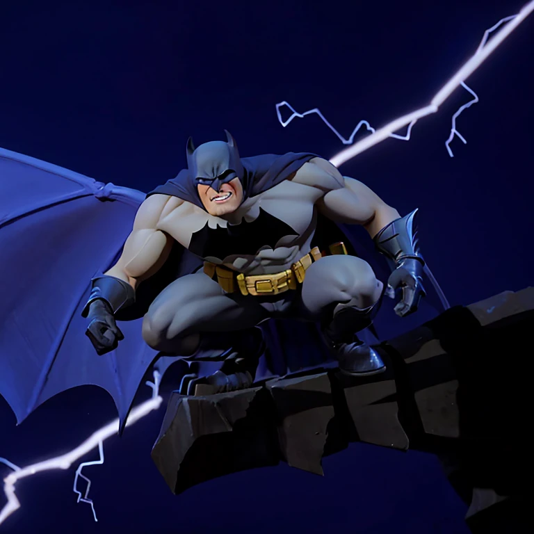 Create a Batman crouching at the foot of a gargoyle,con un rayo cayendo de fondo en la noche