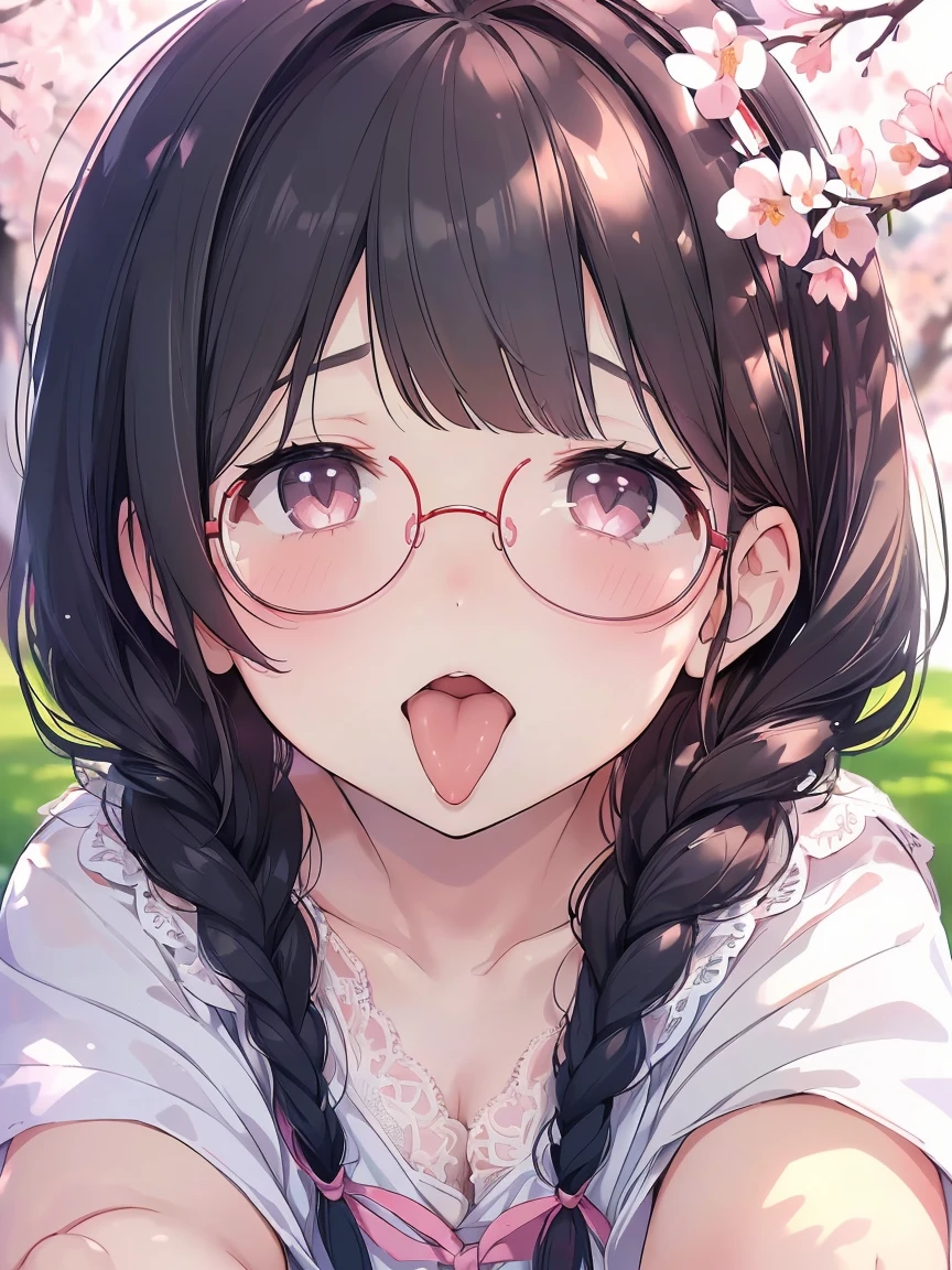Very detailed, highest quality, High resolution, Moe Anime, ((A cute elementary school girl with black hair and droopy eyes)), ((Wearing large round glasses:1.4)), (Baby Face), Cute eyes, Detailed eye depiction, Sparkle in the eyes, View your viewers, Pale skin, (Droopy eyes:1.4, Fatty face:1.4), smile, Focus on the face, In the park with cherry blossoms falling, Sitting, (Extreme close up of tongue), (((from the front))), Open your mouth, (((Face only:1.3))), ((White lace lingerie)), Bright Eyes, from the frontの光, (Put your hands between your legs:1.4), large and long tongue, Cleavage, Braided Hair, Pink ribbon