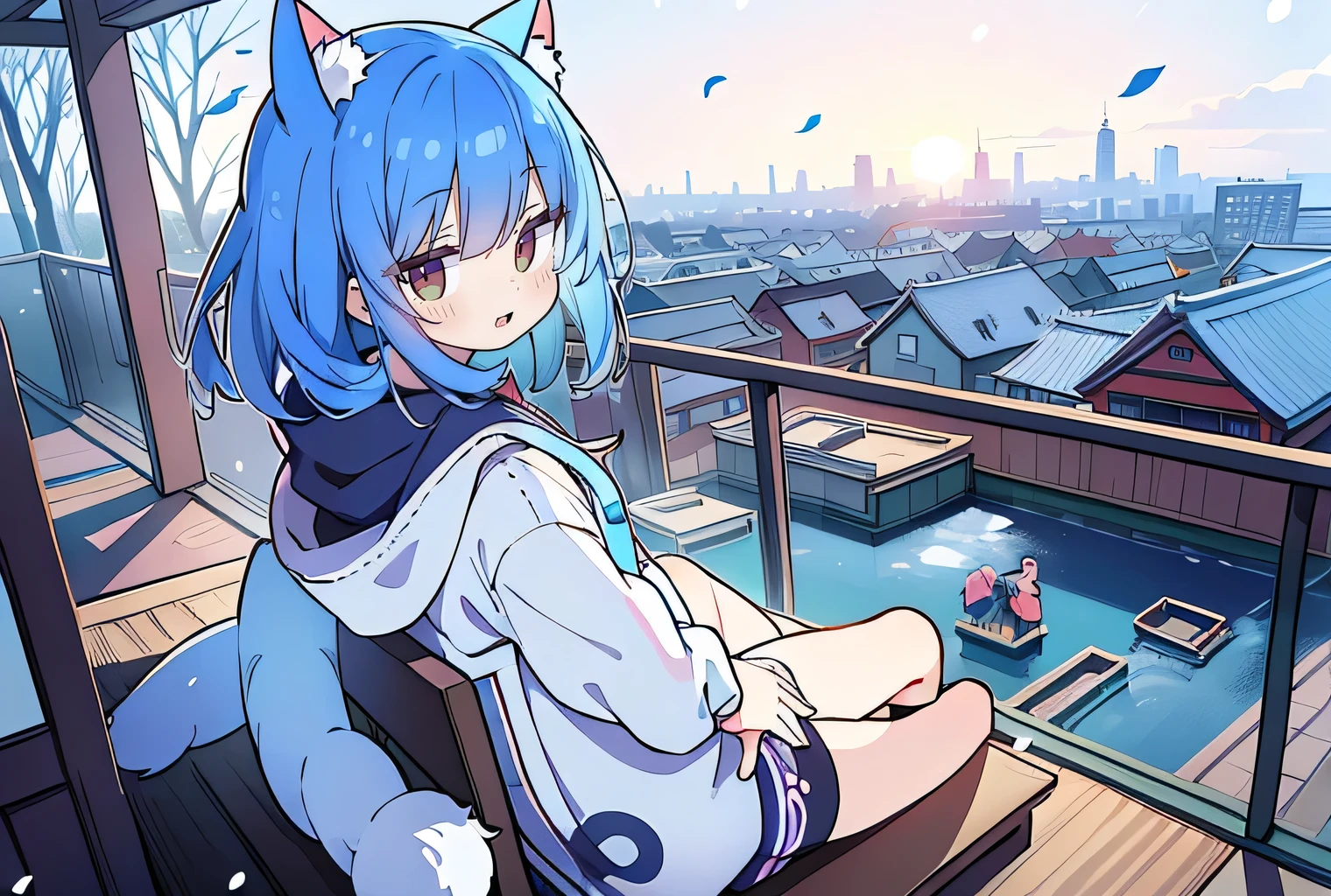 (masterpiece:1.2),Super detailed,lifelike,Expressive eyes,fair skin,perfect face shape,1 girl,
Japanese comics,Gorgeous blue hair,flowing blue hair,flowing clothes,Cat ears,Petals fall,beautiful lola,Baby Angel,sunrise,
Cross your legs,Gentle and peaceful background,The pavilion is cool and comfortable,smile, wearing hoodie, background of tokyo,back views,snowing, winter.