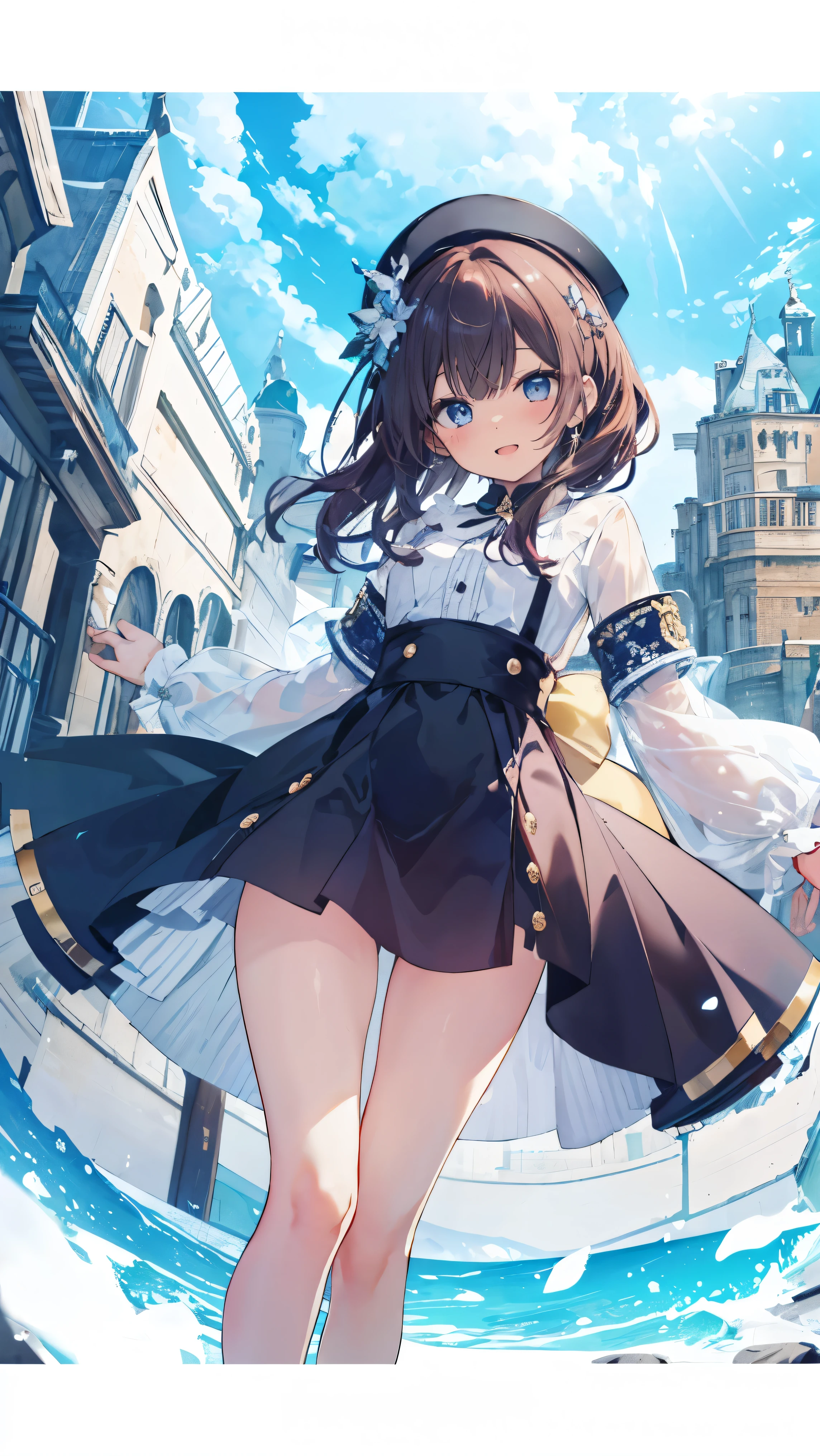 Masterpiece、Highest quality、highest quality、((((Transparency))))、(Open Mouth Smile)、Shiny hair quality、Small face、Dynamic pose、Super detailed, beautiful, wide eyes、Ultra-detailed, clear and beautiful faces、(cute illustration:1.2), High-resolution, ultra-detailed, best quality, embarrassed、Thighs
