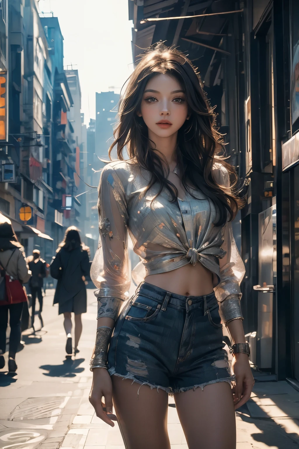 (Masterpiece: 1.6), (Best Quality: 1.6), (Ultra Detailed: 1.6), Hyper Realistic: 1.5, 4K: 1.5, High Resolution: 1.5, Superb Details: 1.5,
A single, 1 girl stands in the bustling city street. Her beautiful, detailed eyes are fixated on an unseen point, adding depth and intrigue to her gaze. The scene exudes hyper realism, with every crease, texture, and wrinkle captured in 4K, high resolution. The cityscape behind her is equally detailed, with the play of light and shadow adding