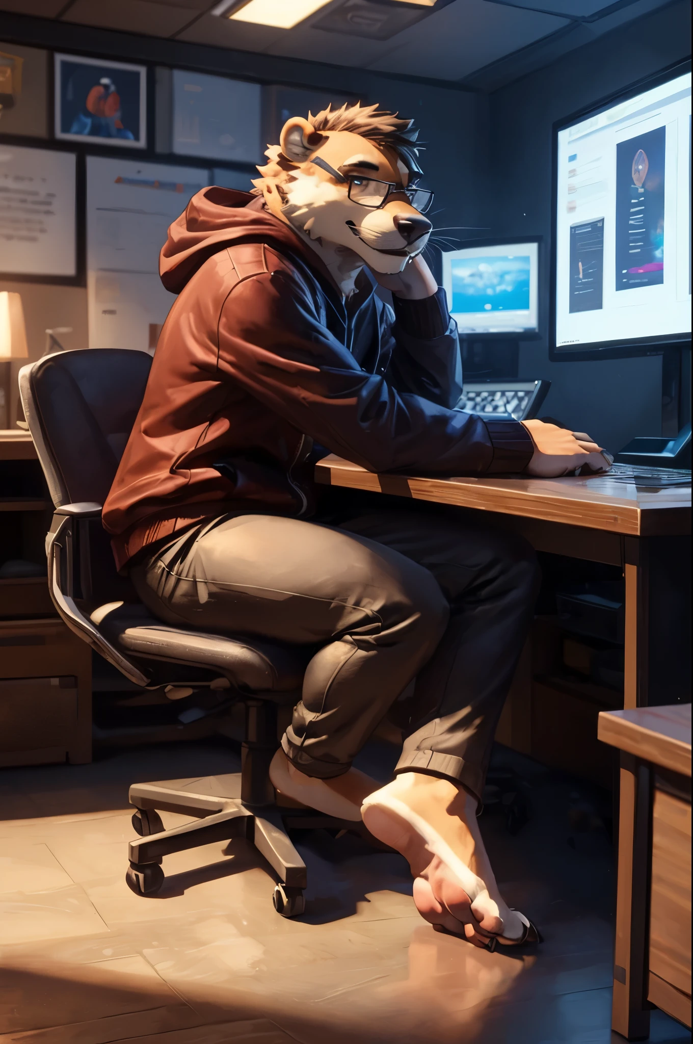 (((Barefoot furry character, full body, cinematic setting, furry male, plantigrade))) 

computer lab scene with a tech-savvy otter teacher wearing a hoodie and glasses, sitting at a computer desk surrounded by monitors and circuit boards, long brown pants, nice soles of feet paws, (((showing soles to viewer)))

BREAK, detailed background, 8K, (masterpiece:1.5), intricate details, highly detailed, extreme detail, octane render, fine art, best quality, highres, (detailed face:1.5), ((full_body)), UHD, (((perfect hands))), low light