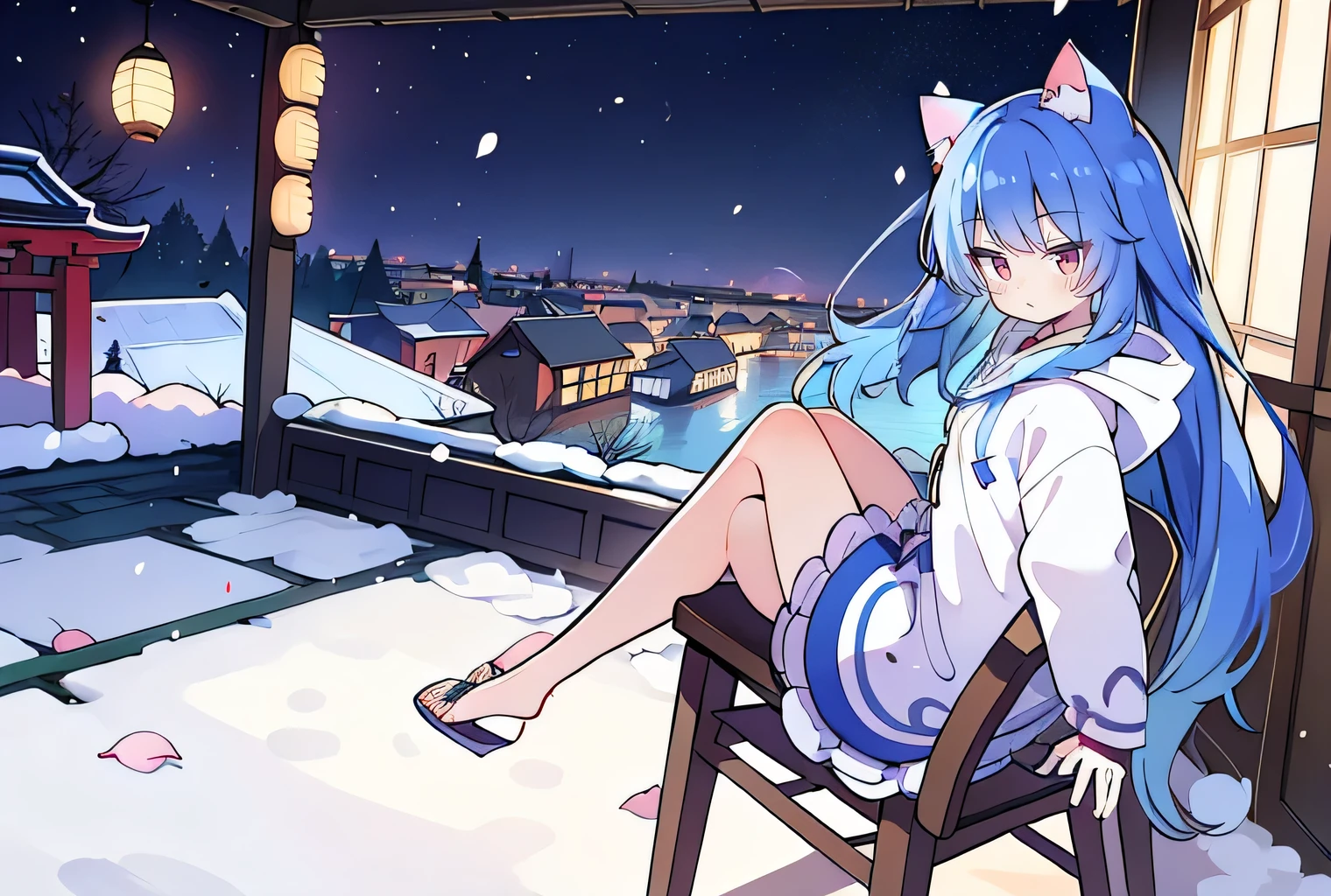 (masterpiece:1.2),Super detailed,lifelike,Expressive eyes,fair skin,perfect face shape,1 girl,
Japanese comics,Gorgeous blue hair,flowing blue hair,flowing clothes,Cat ears,Petals fall,beautiful lola,Baby Angel,sunrise,
Cross your legs,Gentle and peaceful background,The pavilion is cool and comfortable,smile, wearing hoodie, background of tokyo,back views,snowing, winter.