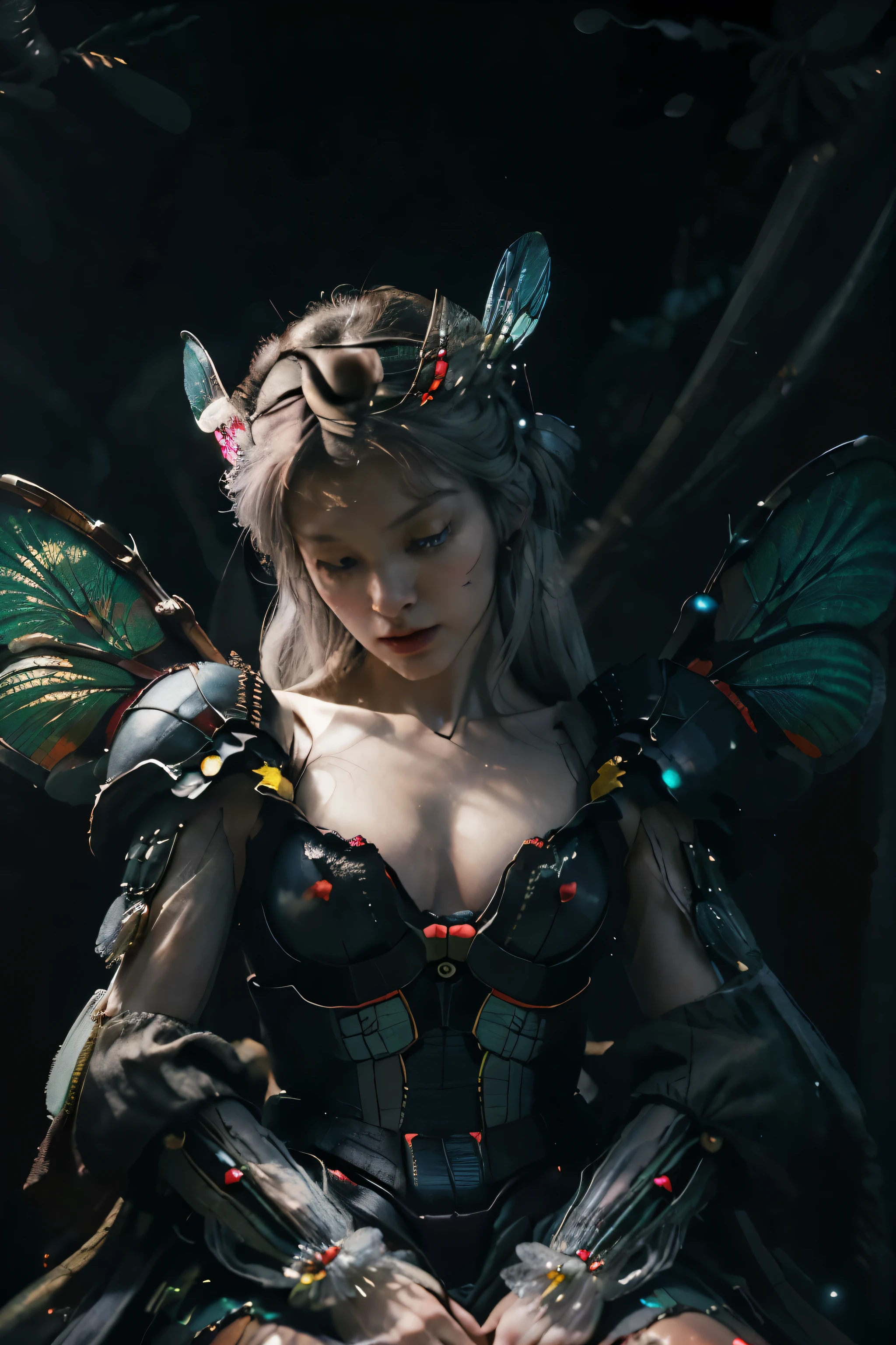 (realistic:1.3) HD, High quality, Cinematic lighting, wide angle, (shallow focus:1.4), )(Caravaggio:1.3), (Chiaroscuro:1.4), (Gundam style:1.3). Dark, cosmic horror, (psychedelic:1.3). Ancients, Gods, Esoteric, ominous Alien. Beautiful and Elegant Goddess, (Very Clear Dragonfly Wings:1.5), Sitting cross-legged, (Fantastic grey hair:1.3). Black, Red, and Royal Green Military-styled multilayered bio-mechanical paneled armor, brilliant colours. Subtle red and yellow glowing neon light emanates from beneath some of her biomechanical parts. Atmospheric (glowing:1.3), Nebulous, hazy, dark misty atmospheric background,