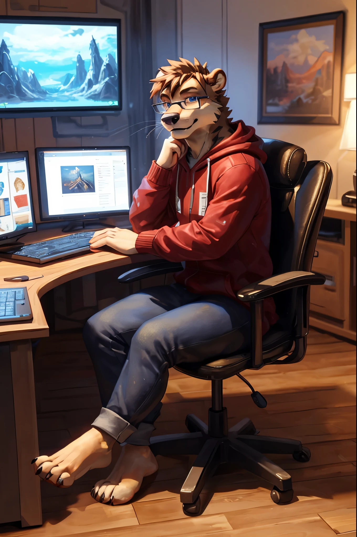 (((Barefoot furry character, full body, cinematic setting, furry male, plantigrade))) 

computer lab scene with a tech-savvy otter teacher wearing a hoodie and glasses, sitting at a computer desk surrounded by monitors and circuit boards, long brown pants, nice soles of feet paws, (((showing soles to viewer)))

BREAK, detailed background, 8K, (masterpiece:1.5), intricate details, highly detailed, extreme detail, octane render, fine art, best quality, highres, (detailed face:1.5), ((full_body)), UHD, (((perfect hands))), low light