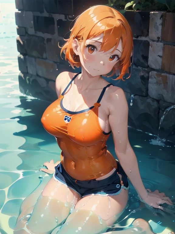 (Orange swimsuit(Orange camisole,Soaked with slimy liquid):1.1),(Navy blue shorts(Soaked with slimy liquid):1.2),(All fours pose:1.1),Big Breasts,(Soaked in slimy liquid:1.2),