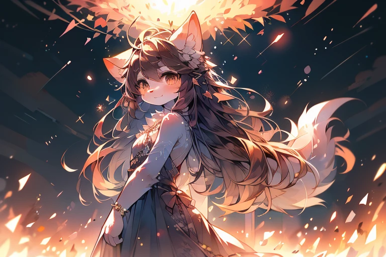 monochrome, watercolor, high resolution, top quality, best quality, Paid rewards available, High-quality illustrations, An unrivalled masterpiece, Perfect work of art, absurd, night，Stars shine，Long dress in Greek style，exotic，girl, Beast field, hairy, Detailed body fur, Animal Face,Canine nose animal hand, Smile, arctic fox，Brown hair，Long hair，A gentle breeze blows，Brown tail，hairy尾巴，bonfire，Tsukishita Dokubu，Fan creations shared on Pixiv or other platforms ,