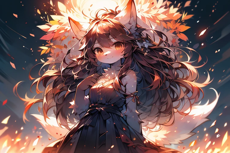 monochrome, watercolor, high resolution, top quality, best quality, Paid rewards available, High-quality illustrations, An unrivalled masterpiece, Perfect work of art, absurd, night，Stars shine，Long dress in Greek style，exotic，girl, Beast field, hairy, Detailed body fur, Animal Face,Canine nose animal hand, Smile, arctic fox，Brown hair，Long hair，A gentle breeze blows，Brown tail，hairy尾巴，bonfire，Tsukishita Dokubu，Fan creations shared on Pixiv or other platforms ,