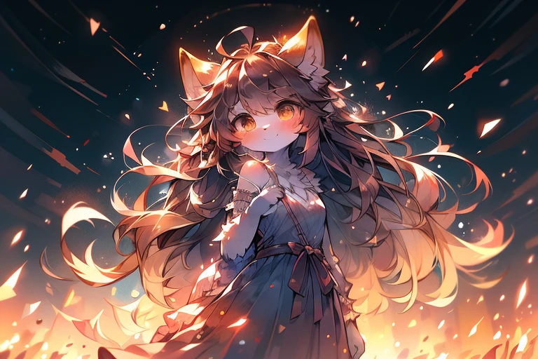 monochrome, watercolor, high resolution, top quality, best quality, Paid rewards available, High-quality illustrations, An unrivalled masterpiece, Perfect work of art, absurd, night，Stars shine，Long dress in Greek style，exotic，girl, Beast field, hairy, Detailed body fur, Animal Face,Canine nose animal hand, Smile, arctic fox，Brown hair，Long hair，A gentle breeze blows，Brown tail，hairy尾巴，bonfire，Tsukishita Dokubu，Fan creations shared on Pixiv or other platforms ,