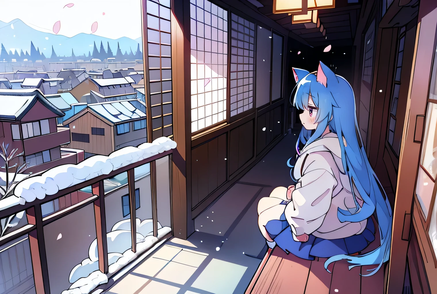 (masterpiece:1.2),Super detailed,lifelike,Expressive eyes,fair skin,perfect face shape,1 girl,
Japanese comics,Gorgeous blue hair,flowing blue hair,flowing clothes,Cat ears,Petals fall,beautiful lola,Baby Angel,sunrise,
Cross your legs,Gentle and peaceful background,The pavilion is cool and comfortable,smile, wearing hoodie, background of tokyo,back views,snowing, winter.