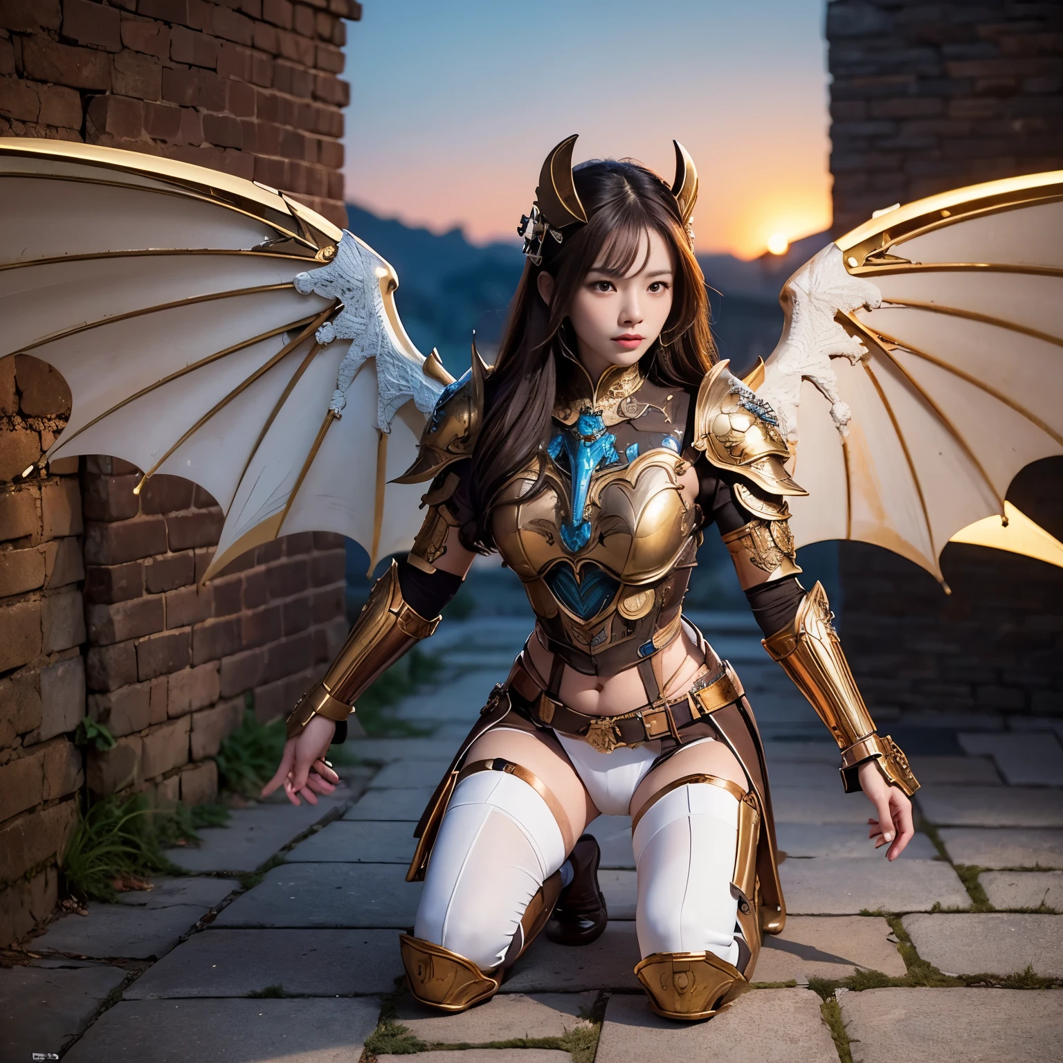 (masterpiece、highest quality、Realistic photos)、A very cute Japanese woman、(Brown skin:1.4)、A complex copper and brass mechanical armor with a skull motif.、Bat Wings、White tone、Blue accents、foot、Extremely intricate details、Posing on the medieval castle walls at sunset、Full Body Shot、Minimum 4 or more generated