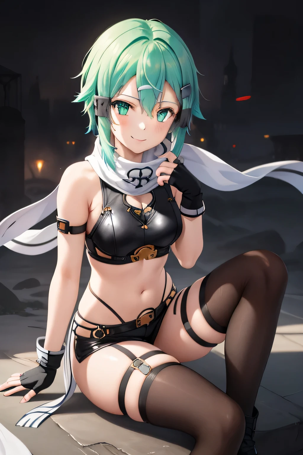 masterpiece, top-quality, high resolution, 1girl, sinon1, scarf, Fingerless gloves, hair adornments, hair clips, Thigh strap, sitting on, Curvaceous, Small waist, bbw,, a smile, vibrant colours, raynare, best quality,