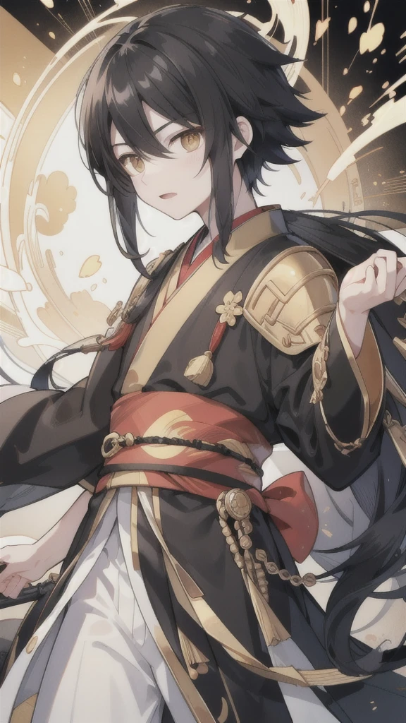 black haired boy,male,Golden Eyes,Black Hanfu armor