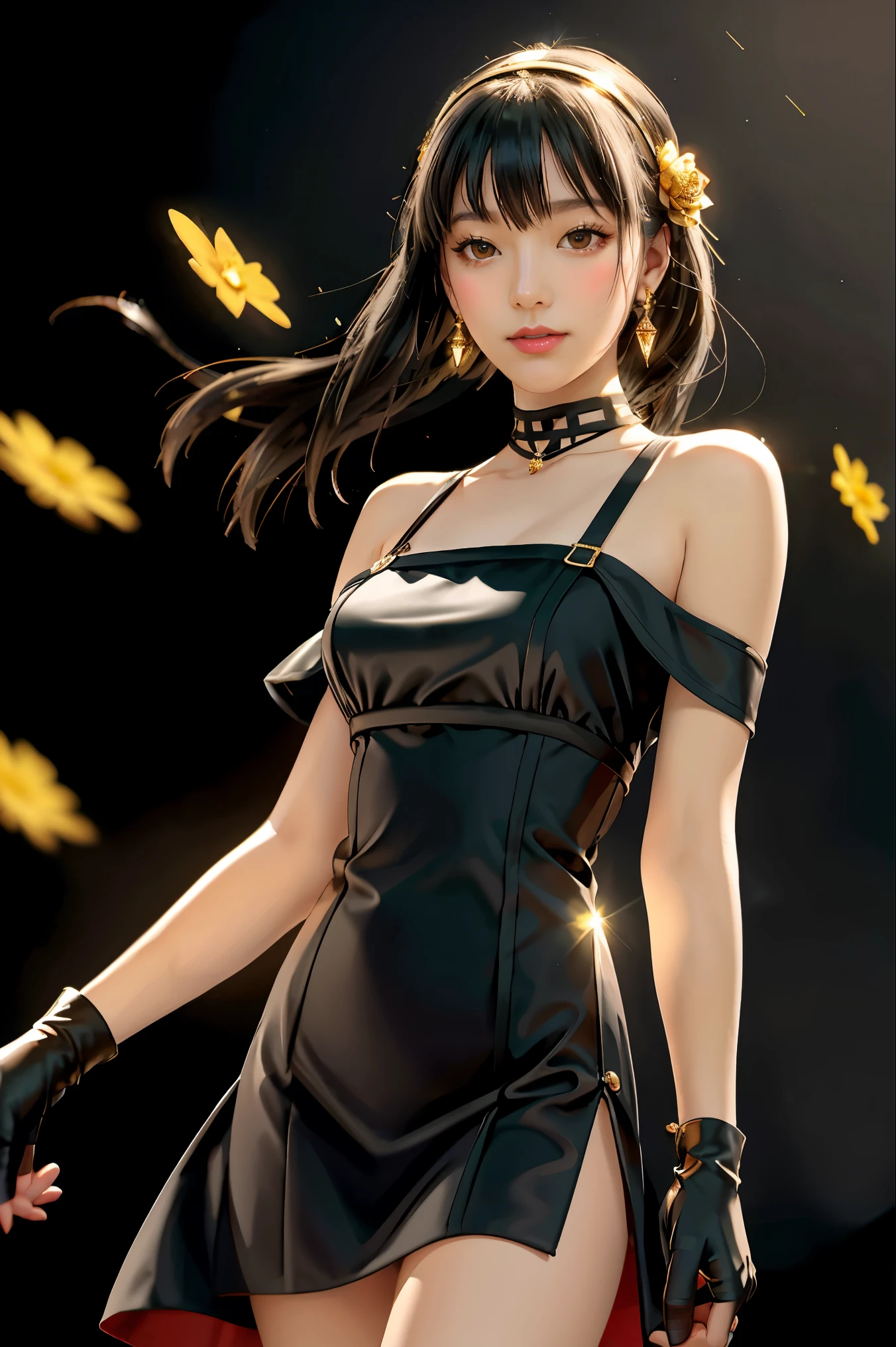 yor briar, (photorealistic), beautiful girl,backlighting, bare shoulders, black background, black dress, black gloves, black hair, breasts, closed mouth, cowboy shot, dress, earrings, expressionless, fingerless gloves, floating hair, gloves, gold earrings, gold hairband, hair flower, hair ornament, hairband, jewelry, large breasts, light particles, long hair, looking at viewer, off-shoulder dress, off shoulder, petals, red eyes, short hair with long locks, sidelocks, solo, spikes, thighs, two-sided dress, two-sided fabric, ((masterpiece))