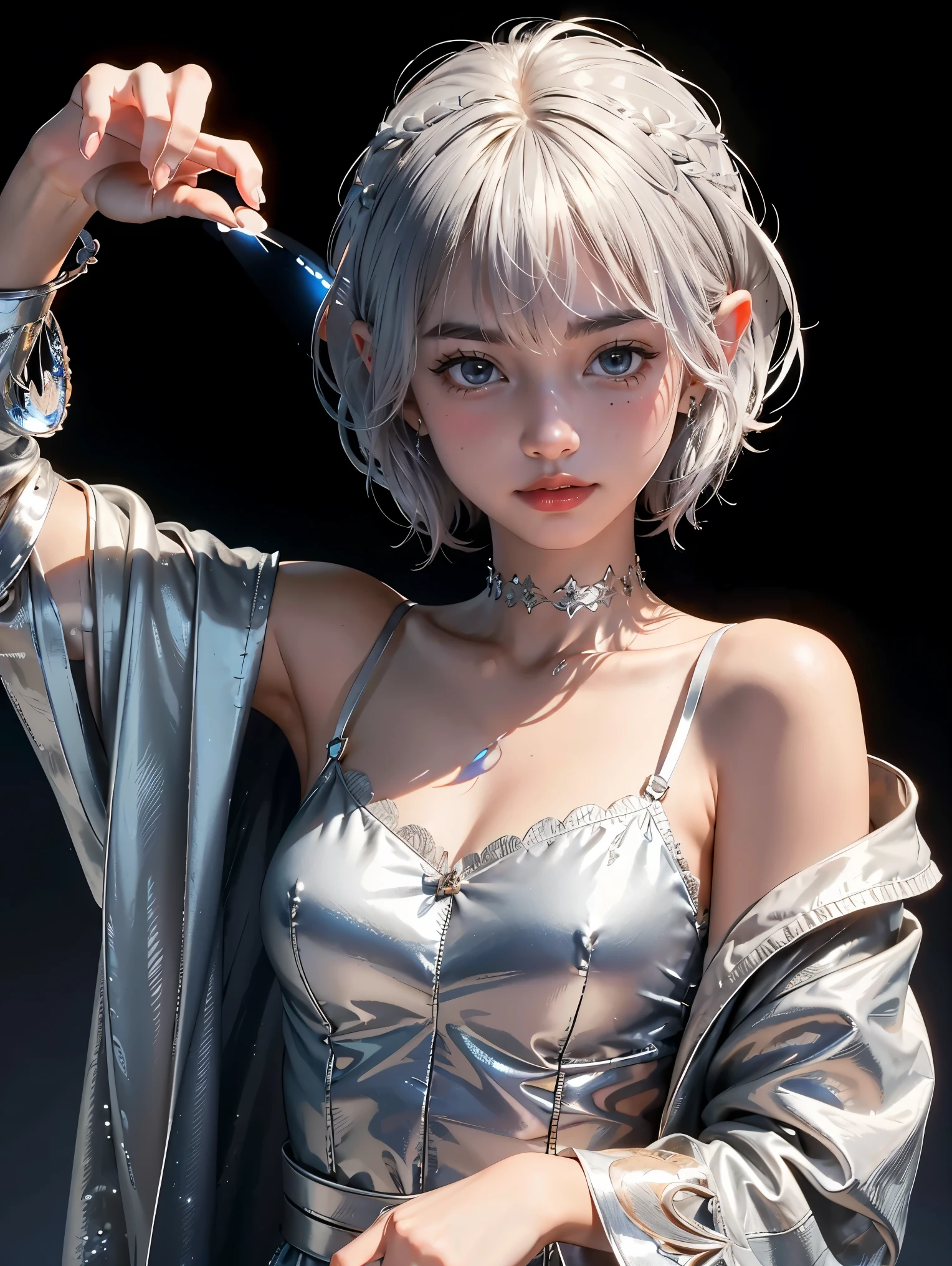 (extremely detailed CG unity 8k wallpaper, masterpiece, best quality, ultra-detailed), (best illumination, best shadow, an extremely delicate and beautiful), a cool, dynamic, and original young girl character with a (dynamic pose) and silver (pixie cut hair: 1.3) that reflects the light beautifully.