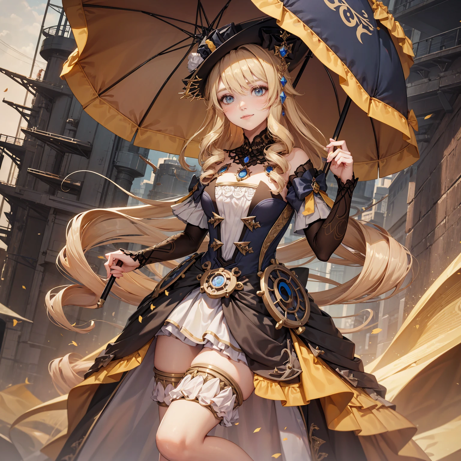 steampunk-style, girl stands on a ship, holding an umbrella. Beautifully detailed eyes and a kind smile on her face. with a beige background. The girl's gaze is directed towards the viewer