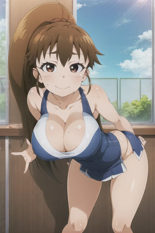 (((masterpiece))), ((highest quality)), ((Very detailed)), ((High resolution)), ((8k)), ((Anatomically correct)), ((The correct number of fingers)), One Woman, Taneshima Popura, (Big Breasts), Brown Hair, long hair, ponytail, (he is short), Very cute woman, delicate, Charming smile, Brown eyes, Bright Eyes, Big Eyes, Best moment, Vivid eyes, Beautiful Skin, Cute face, delicateな腕, Detailed skin texture, Intricate details, Very detailedな顔, Beautiful Eyes, Beautiful curves, View your viewers, Beautiful thighs, Sweating, Beautiful standing posture, Model standing, Schoolyard, Cheerleader, A big smile, Clothes with less fabric area, Cleavage, Make your face smaller, support, pom-poms,