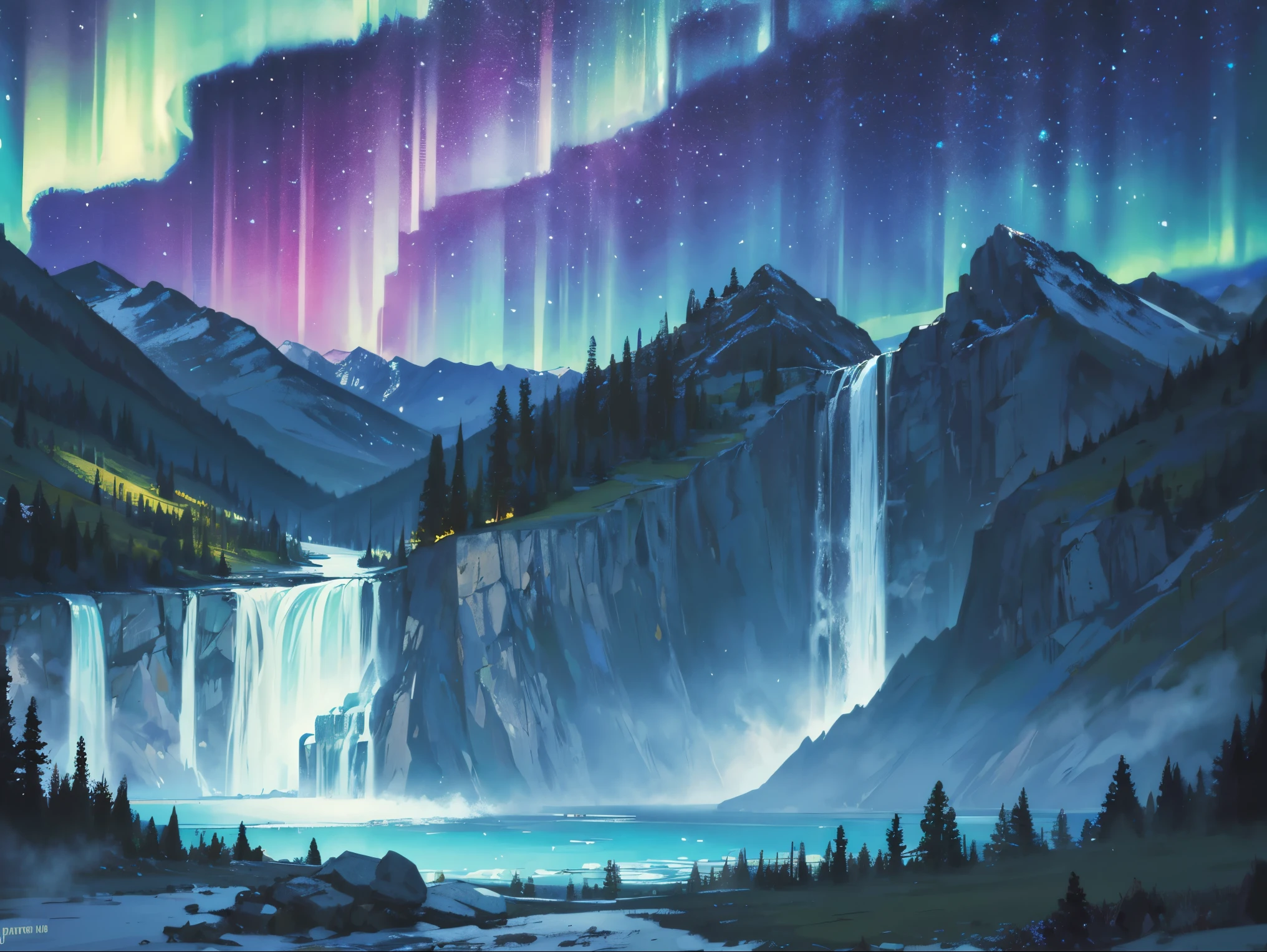 Mountain with a waterfall flowing into a lake under the stars and aurora borealis々