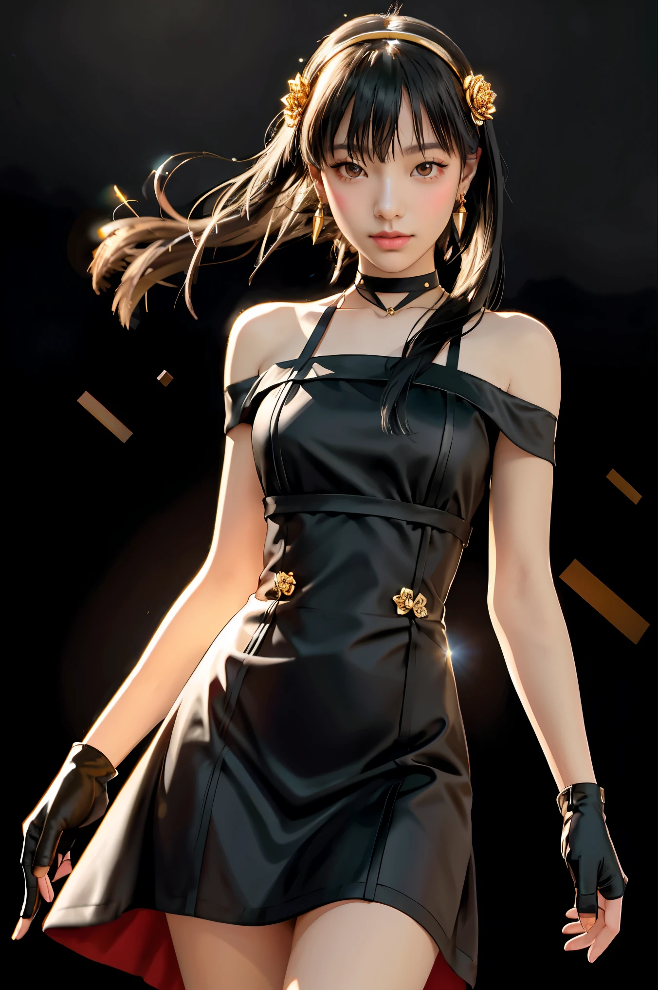 yor briar, (photorealistic), beautiful girl,backlighting, bare shoulders, black background, black dress, black gloves, black hair, breasts, closed mouth, cowboy shot, dress, earrings, expressionless, fingerless gloves, floating hair, gloves, gold earrings, gold hairband, hair flower, hair ornament, hairband, jewelry, large breasts, light particles, long hair, looking at viewer, off-shoulder dress, off shoulder, petals, red eyes, short hair with long locks, sidelocks, solo, spikes, thighs, two-sided dress, two-sided fabric, ((masterpiece))