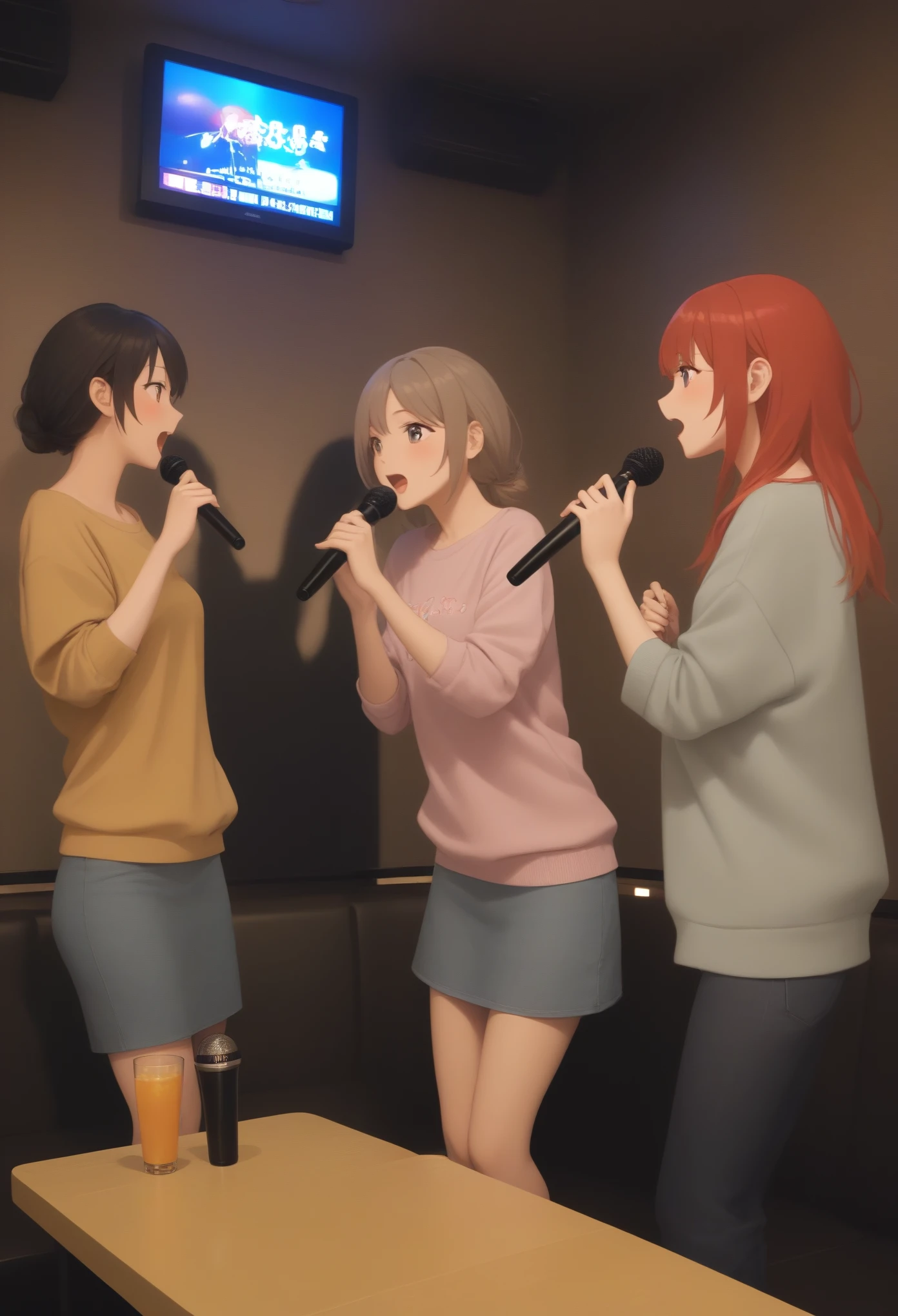 Three beautiful girls singing karaoke。intense。Casual clothing。