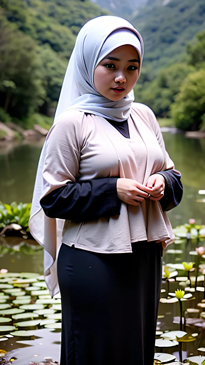 Beautiful asian girl in hijab wearing sweater jeans background of lily fields