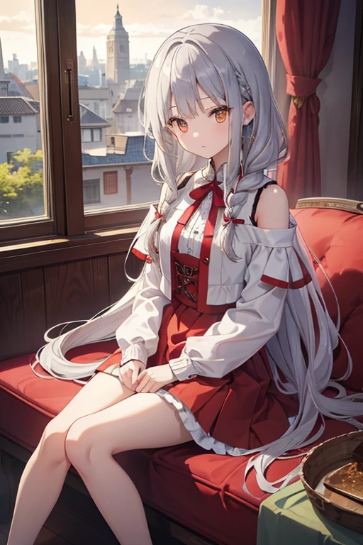 masterpiece, highest quality, High resolution, -yeld giGolden Eyes、
Silver Hair,  Braiding、Crimson Dress, Clothes with puffy shoulders、Spread skirt、Western-style building、Sit by the window