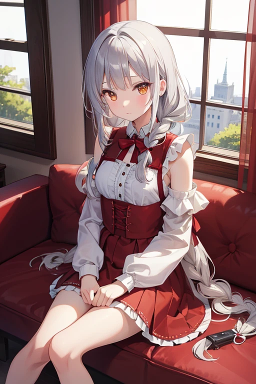 masterpiece, highest quality, High resolution, 14-year-old girl、Golden Eyes、
Silver Hair, Braiding、Crimson Dress, Clothes with puffy shoulders、Spread skirt、Western-style building、Sit by the window