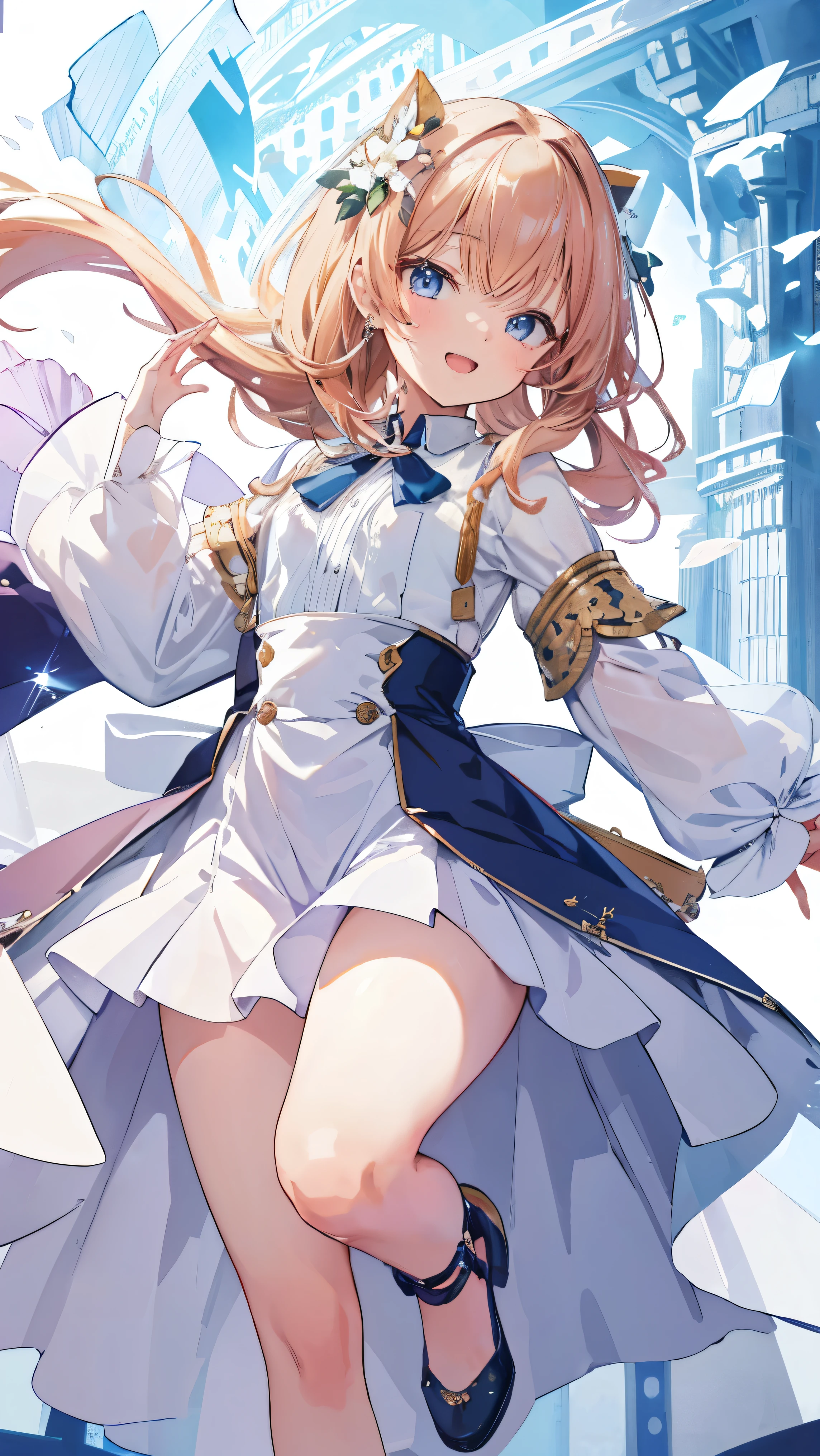 Masterpiece、Highest quality、highest quality、((((Petite))))、(Open Mouth Smile)Thighs、、Shiny hair quality、Small face、Dynamic pose、Super detailed, beautiful, wide eyes、Ultra-detailed, clear and beautiful faces、(cute illustration:1.2), High-resolution, ultra-detailed, best quality, embarrassed、cute, Awards, Anatomically correct