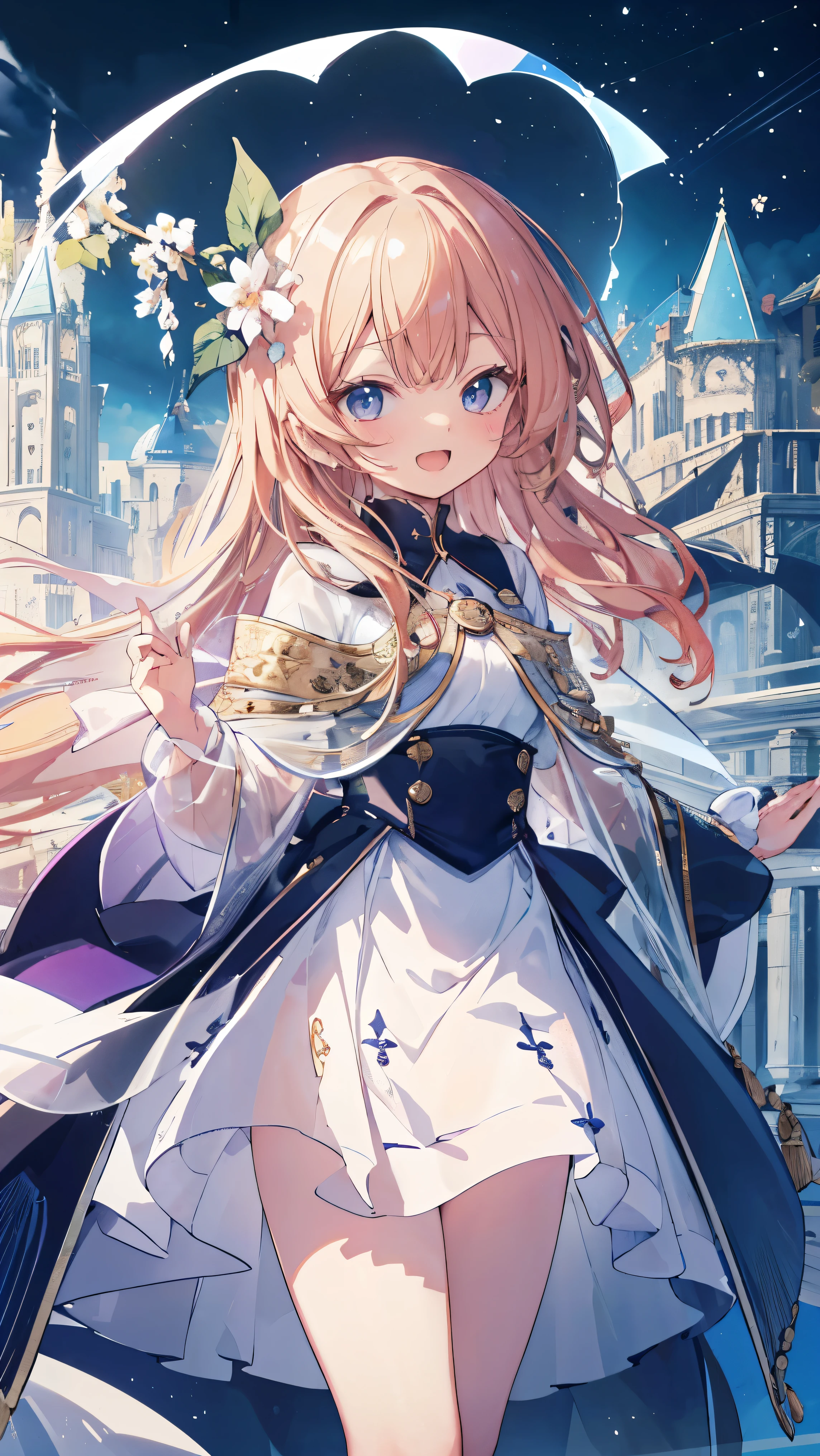 Masterpiece、Highest quality、highest quality、((((Transparency))))、(Open Mouth Smile)、Shiny hair quality、Small face、Dynamic pose、Super detailed, beautiful, wide eyes、Ultra-detailed, clear and beautiful faces、(cute illustration:1.2), High-resolution, ultra-detailed, best quality, embarrassed、Thighs