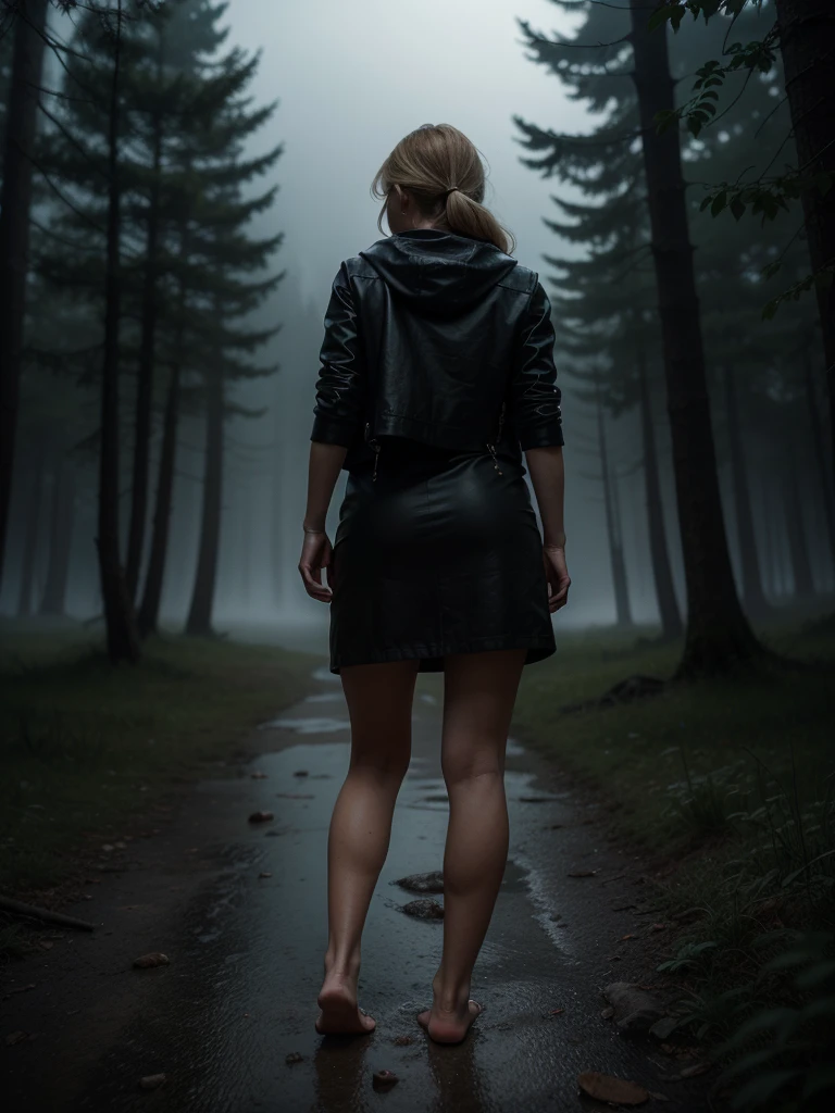 A highly detailed and hyper-realistic depiction of a disgusted old red skin blonde woman with scars and wrinkles on her face. ((Full body, bare feet, view from back below, looking at viewer)). The character is surrounded by mist, evoking a mysterious and eerie atmosphere. The lighting is dark and atmospheric, with a red smoke adding a touch of sinister ambiance. The image is of the best quality, with a resolution of 4k and HDR enhancement, showcasing the utmost level of detail and realism, sfw, full body shot. sofiax:1.5