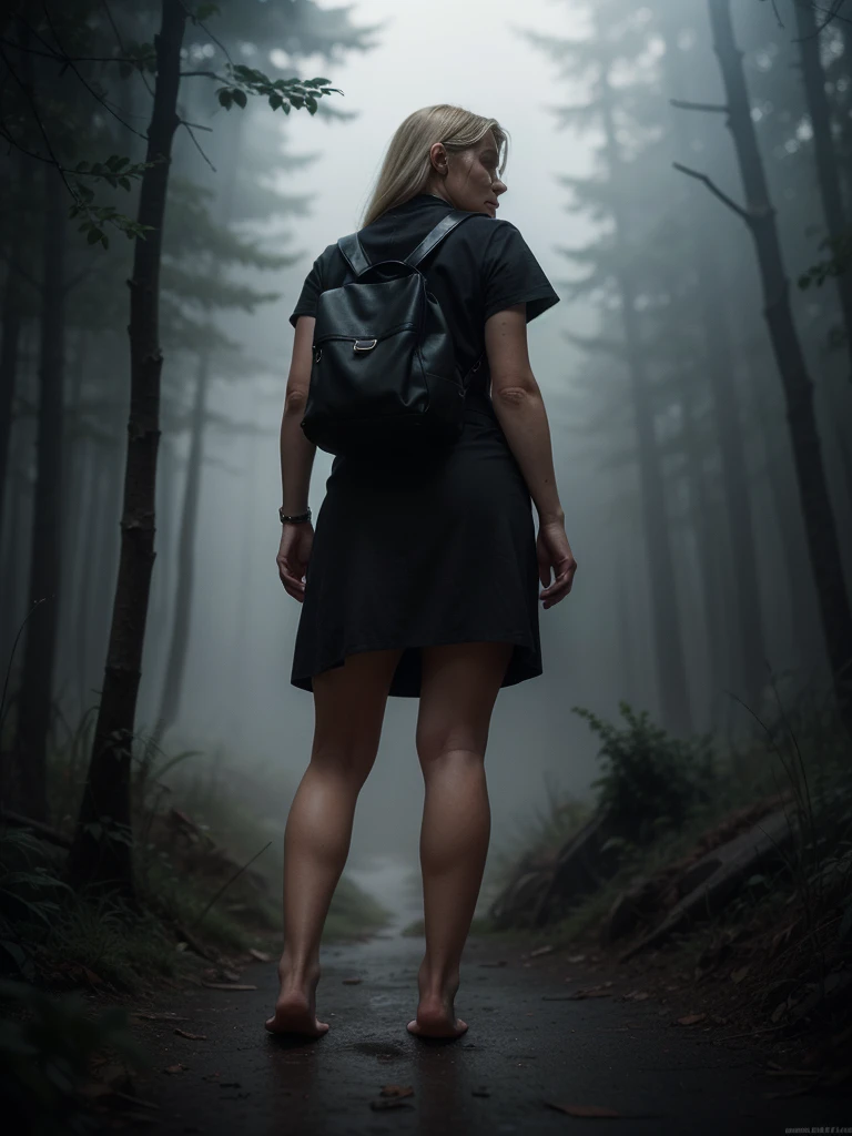 A highly detailed and hyper-realistic depiction of a disgusted old red skin blonde woman with scars and wrinkles on her face. ((Full body, bare feet, view from back below, looking at viewer)). The character is surrounded by mist, evoking a mysterious and eerie atmosphere. The lighting is dark and atmospheric, with a red smoke adding a touch of sinister ambiance. The image is of the best quality, with a resolution of 4k and HDR enhancement, showcasing the utmost level of detail and realism, sfw, full body shot. sofiax:1.5