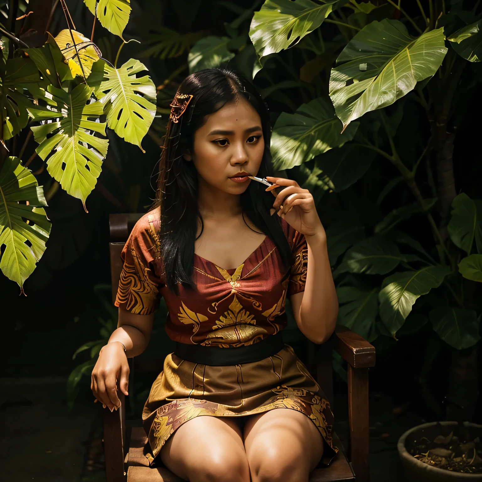 Photo of a 30-year-old indonesian girl wearing traditional clothes sitting on the throne, right hand holding a rolled cigarette. Lips puffing smoke formed the words "JAWA TENGAH".
The background of glowing colorful leaves is dark shades. Real photos
