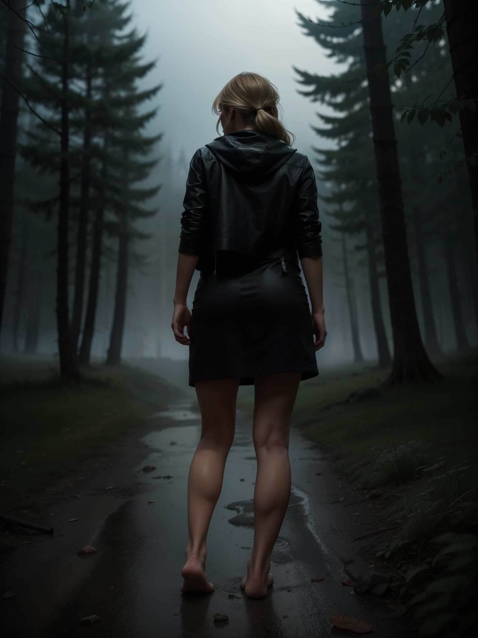 A highly detailed and hyper-realistic depiction of a disgusted old red skin blonde woman with scars and wrinkles on her face. ((Full body, bare feet, view from back below, looking at viewer)). The character is surrounded by mist, evoking a mysterious and eerie atmosphere. The lighting is dark and atmospheric, with a red smoke adding a touch of sinister ambiance. The image is of the best quality, with a resolution of 4k and HDR enhancement, showcasing the utmost level of detail and realism, sfw, full body shot. sofiax:1.5