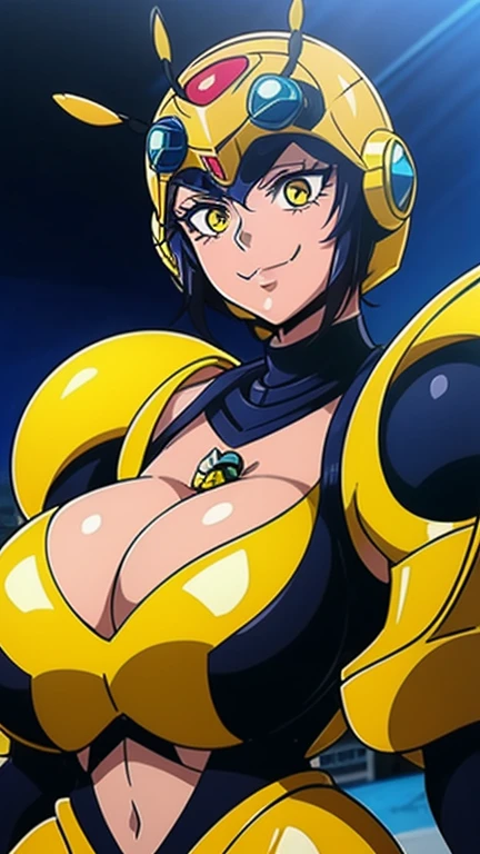 (high quality, Super detailed, 最high quality, Very detailed, beautiful, masterpiece),Realistic image of a bee woman,(Evil Cyborg Mech Monster Bee Woman Monster),(Realistic upper body).(Evil Bee Yellow Cyborg Mech Monster Rubber Suit:1.5),(Evil Bee Cyborg Mech Monster Helmet:1.5),Bee Shoulder Armor,Bee Armor Suit,((Super super big bruper super super big cleavage)),(Humanface:1.5)