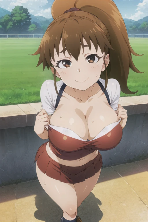 (((masterpiece))), ((highest quality)), ((Very detailed)), ((High resolution)), ((8k)), ((Anatomically correct)), ((The correct number of fingers)), One Woman, Taneshima Popura, (Big Breasts), Brown Hair, long hair, ponytail, (he is short), Very cute woman, delicate, Charming smile, Brown eyes, Bright Eyes, Big Eyes, Best moment, Vivid eyes, Beautiful Skin, Cute face, delicateな腕, Detailed skin texture, Intricate details, Very detailedな顔, Beautiful Eyes, Beautiful curves, View your viewers, Beautiful thighs, Sweating, Beautiful standing posture, Model standing, Schoolyard, Red Cheerleader, A big smile, Clothes with less fabric area, Cleavage, Make your face smaller, support, pom-poms, sports boots,