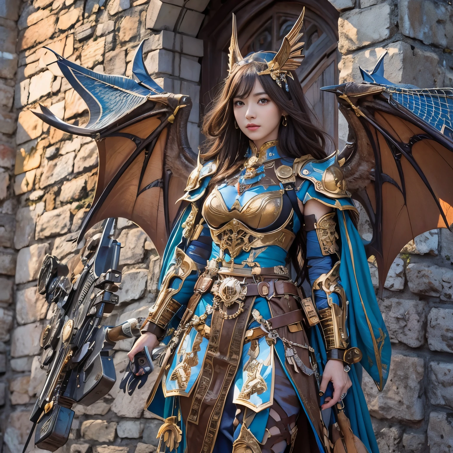(masterpiece、highest quality、Realistic photos)、A very cute Japanese woman、(Brown skin:1.4)、A complex copper and brass mechanical armor with a skull motif.、Bat Wings、White tone、Blue accents、foot、Extremely intricate details、Posing on the medieval castle walls at sunset、Full Body Shot、Minimum 4 or more generated