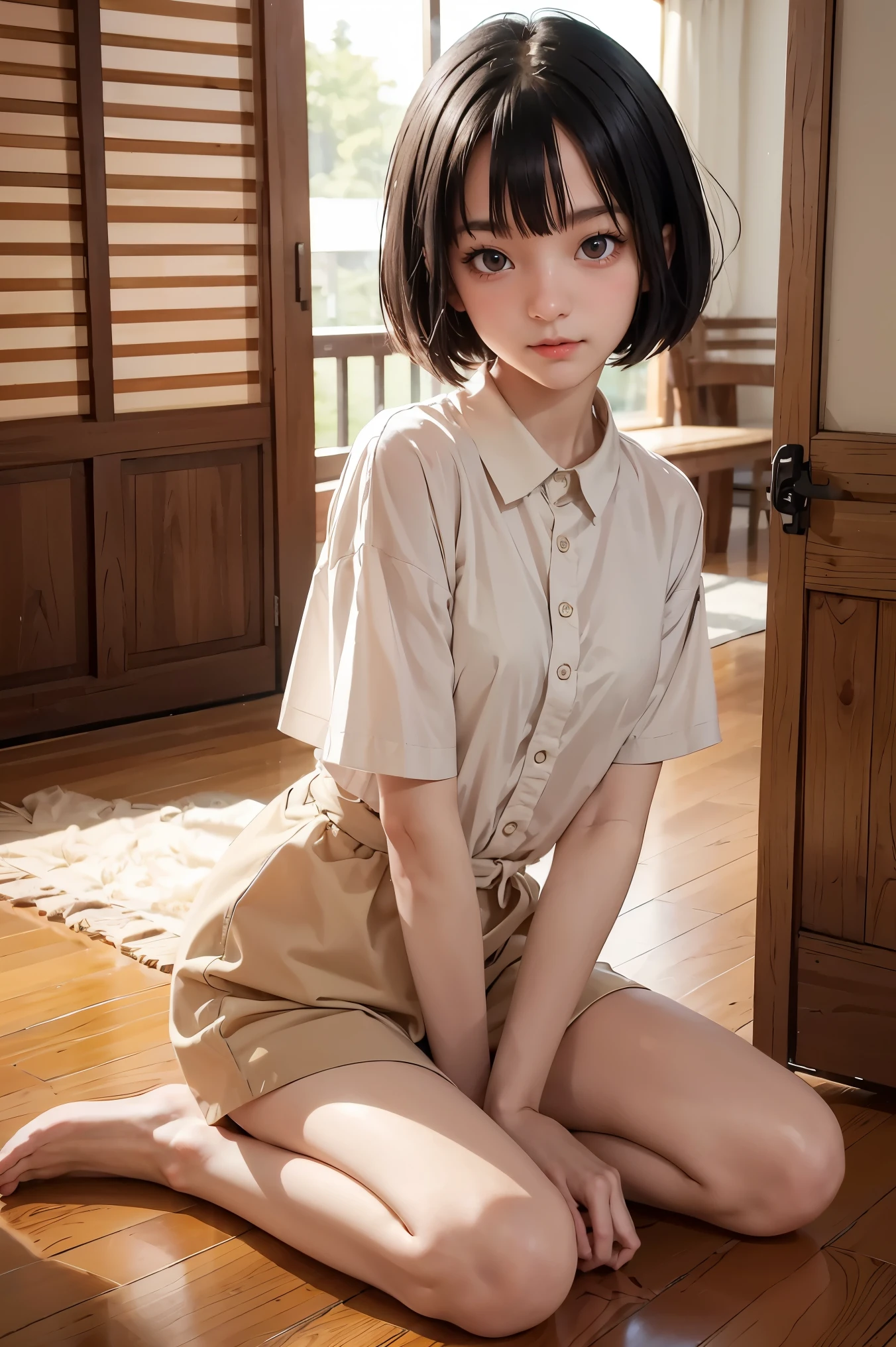 master piece , best quality , detailed , blouse , skirt , sitting , (from side) , bed room , indoor
