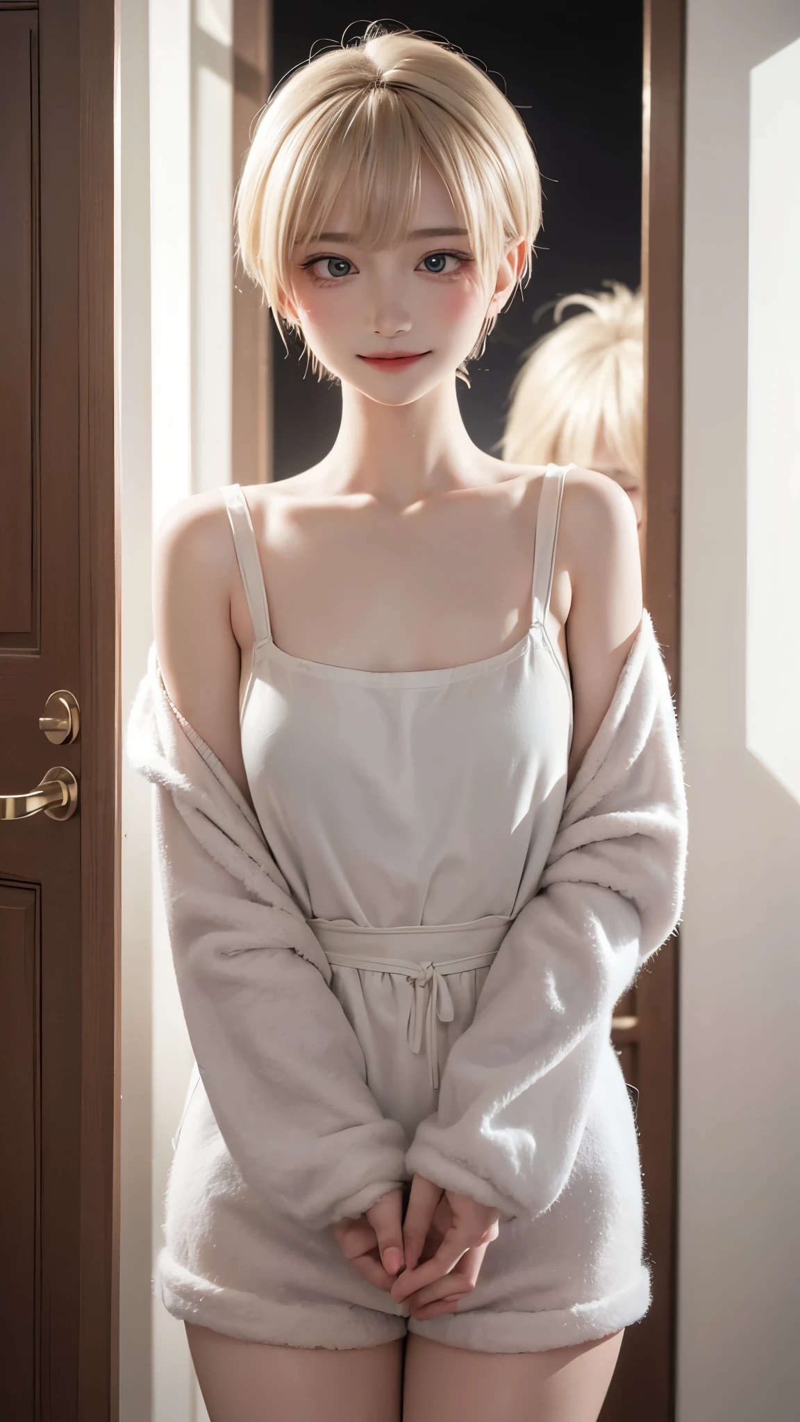 （tmasterpiece），（best qualtiy），8K，high detal,pov_doorway,1girl,blush,looking_at_viewer,cleavage,white hair,naked_apron,huge titasterpiece, highest quality, highest quality, Official Art, beautifully、beautiful:1.2, Cinema Lighting、Key light at 45 degrees from the front, Subsidy Light、Soft Backlight), Realistic depiction、photograph、Realistic depiction、Ultra-realistic、Raw Quality、


Beautiful face、Perfect round ass、the body is slim、(Accurate and detailed human body:1.5), Fit and body、Pale skin、Shiny, Bright Eyes、length eyelashes、
1 girl、1 boy, hetero、couple、A giant faceless man、

accurate to the human body、Correct five-finger、The perfect human body、Knowledgeable person、Highly detailed face and skin texture、Natural neck length、(beautiful Hands)、beautiful, length, Thin legs、straighten both legs、Stretch your arms、
The perfect human body、Accurate human body、A perfect and accurate left hand、A perfect and accurate right hand、Perfect and precise fingers、


,Earrings,Big cleavage、

slim, (kind, Goddess-like eyes, happiness: 1.2), (Lip gloss, eyelash, Terrible face, highest quality, Ultra-high resolution, Wide Lighting, Natural Shading), Absolute area、

(((All these pajamaade from super soft fleece material.:1.8, zetai ryoiki, All these pajamaade from super soft fleece material shorts:1.3, Thick white horizontal stripes))), 

Detailed Background、
Background Blur、Detailed and beautiful background


 ((Random hand gestures)), 
(Blonde pixie short hair:1.3)、
Accurate 5-finger、Accurate human body、Perfect human body、(Little devil face:1.2, Little Devil Smile:1.3),

(((Big Breasts))),Bold Pose、sexy、Sensually、Ecstatic face、Being spoiled and pampered、Wide leg、(Sensual ecstatic smile:1.5)、indoor、Random Apartment Room Background、Window with a night view、

(Pov, POV doorway:1.5)、
(open door after orgasm:1.8, orgasm:1.2, Vulgarity、ahego:1.1, steam,sweat、Open your mouth wide:1.2、Panting:1.3, Pleasure、A face of ecstasy and pleasure:1.3, ), (doggy style back hug sex:1.5)