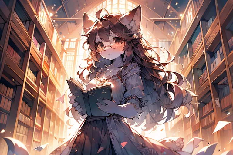 monochrome, watercolor, high resolution, top quality, best quality, Paid rewards available, High-quality illustrations, An unrivalled masterpiece, Perfect work of art, absurd, Long dress in Greek style,exotic,girl, Beast field, hairy, Detailed body fur, Animal Face,Canine nose animal hand, thoughtful expression, arctic fox,Brown hair,Long hair,A gentle breeze blows,Brown tail,hairy尾巴,in a library,Wearing glasses,Open a book,Fan creations shared on Pixiv or other platforms ,