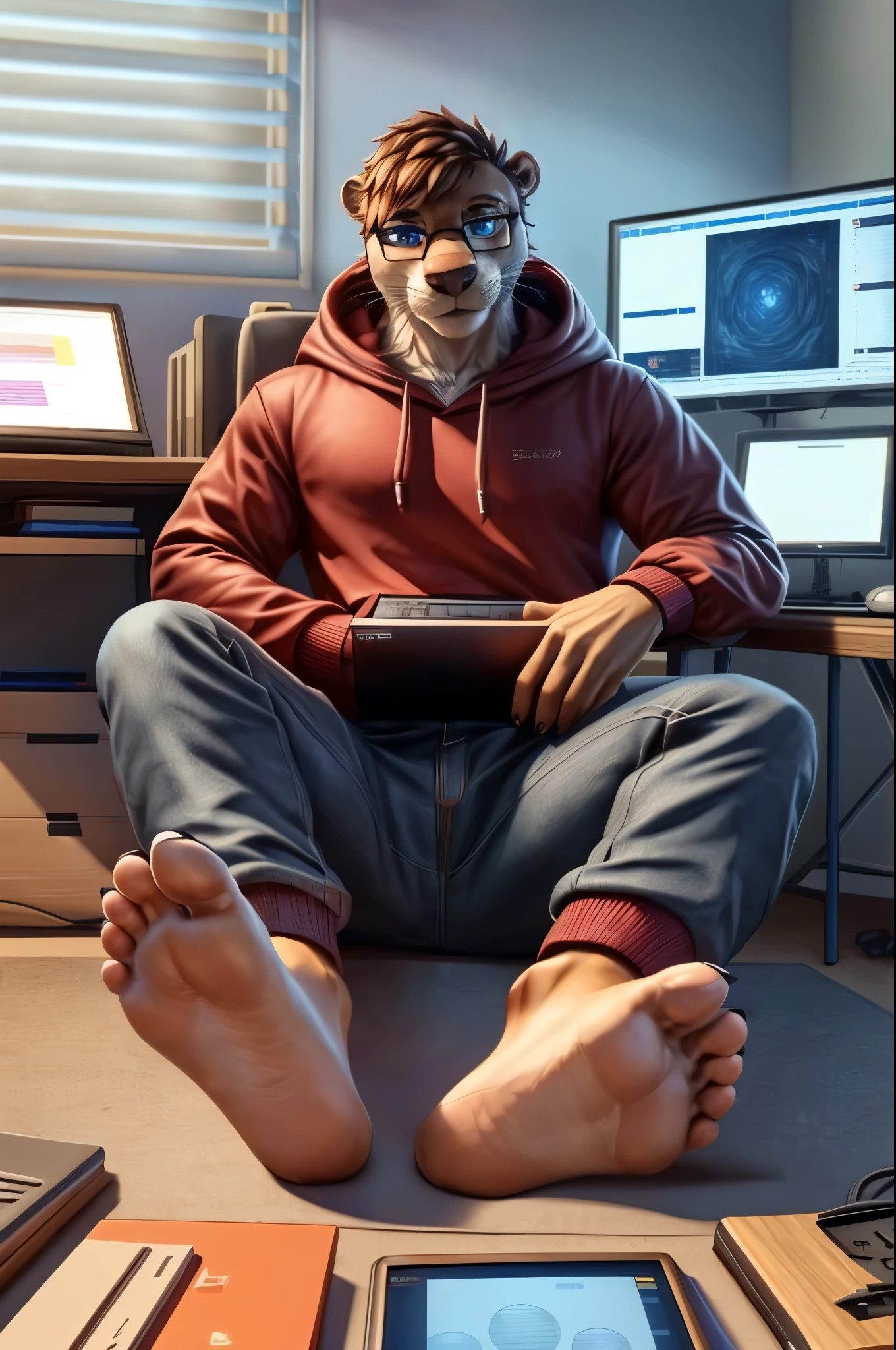 (((Barefoot furry character, full body, cinematic setting, furry male, plantigrade))) 

computer lab scene with a tech-savvy otter teacher wearing a hoodie and glasses, sitting at a computer desk surrounded by monitors and circuit boards, long brown pants, nice soles of feet paws, (((showing soles to viewer)))

BREAK, detailed background, 8K, (masterpiece:1.5), intricate details, highly detailed, extreme detail, octane render, fine art, best quality, highres, (detailed face:1.5), ((full_body)), UHD, (((perfect hands))), low light