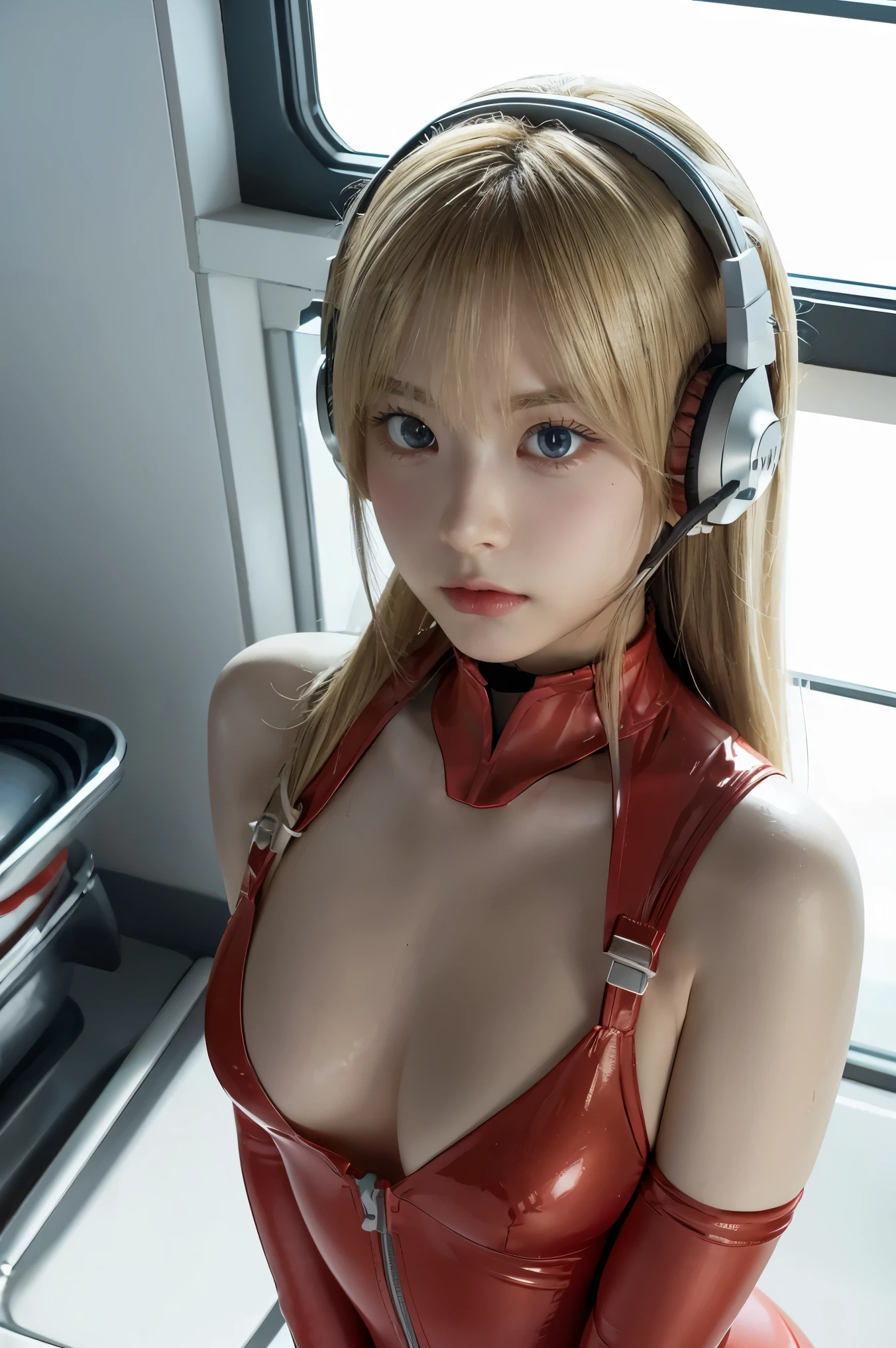 (Overhead view),dynamic angle,ultra-detailed, illustration, close-up, straight on, 1girl, ((souryuu asuka langley, interface headset, red bodysuit:1.4, blonde)),Her eyes shone like dreamy stars,(glowing eyes:1.233),(beautiful and detailed eyes:1.1),(expressionless,closed mouth),(standing), (mechanic room with toolsand spaceship windowin a white SPACESHIP), (night:1.2),dreamy, [[delicate fingers and hands:0.55]::0.85],(detail fingers),