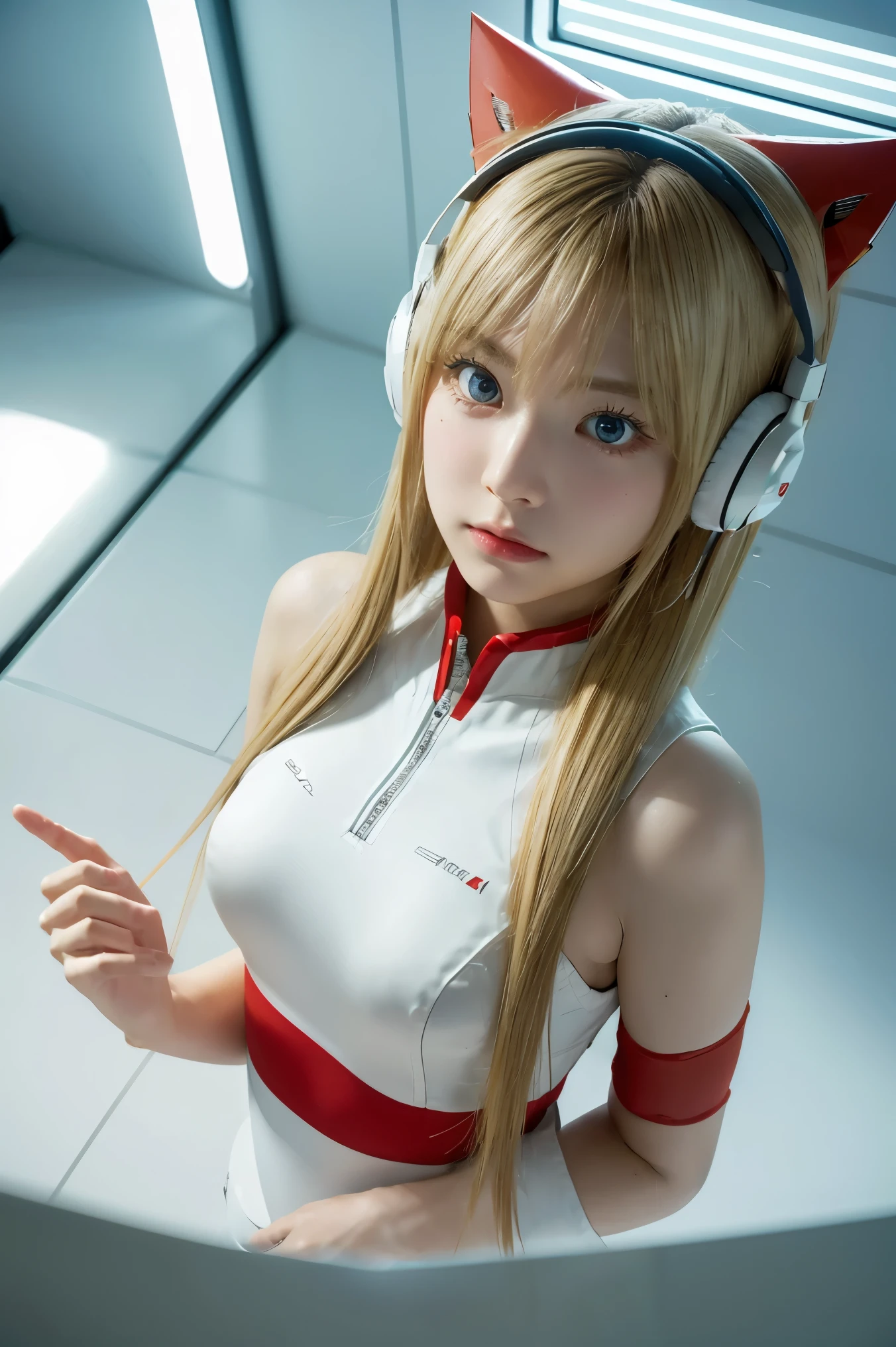 (Overhead view),dynamic angle,ultra-detailed, illustration, close-up, straight on, 1girl, ((souryuu asuka langley, interface headset, red bodysuit:1.4, blonde)),Her eyes shone like dreamy stars,(glowing eyes:1.233),(beautiful and detailed eyes:1.1),(expressionless,closed mouth),(standing), (mechanic room with toolsand spaceship windowin a white SPACESHIP), (night:1.2),dreamy, [[delicate fingers and hands:0.55]::0.85],(detail fingers),