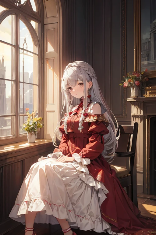 masterpiece, highest quality, High resolution, 、Golden Eyes、
Silver Hair, Braiding、Deep red frilly dress, Clothes with puffy shoulders、flare skirt、Long skirt、Western-style building、Sit by the window