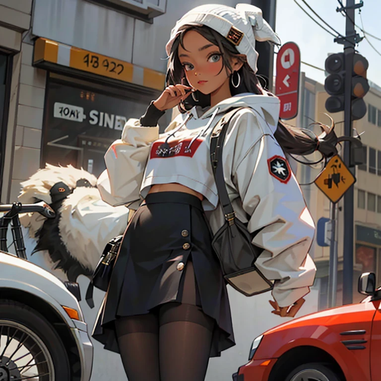 (best quality, masterpiece), 1girl, hoodie, long hair, street, looking at viewer, beanie, skirt, makeup, piercing, pantyhose,